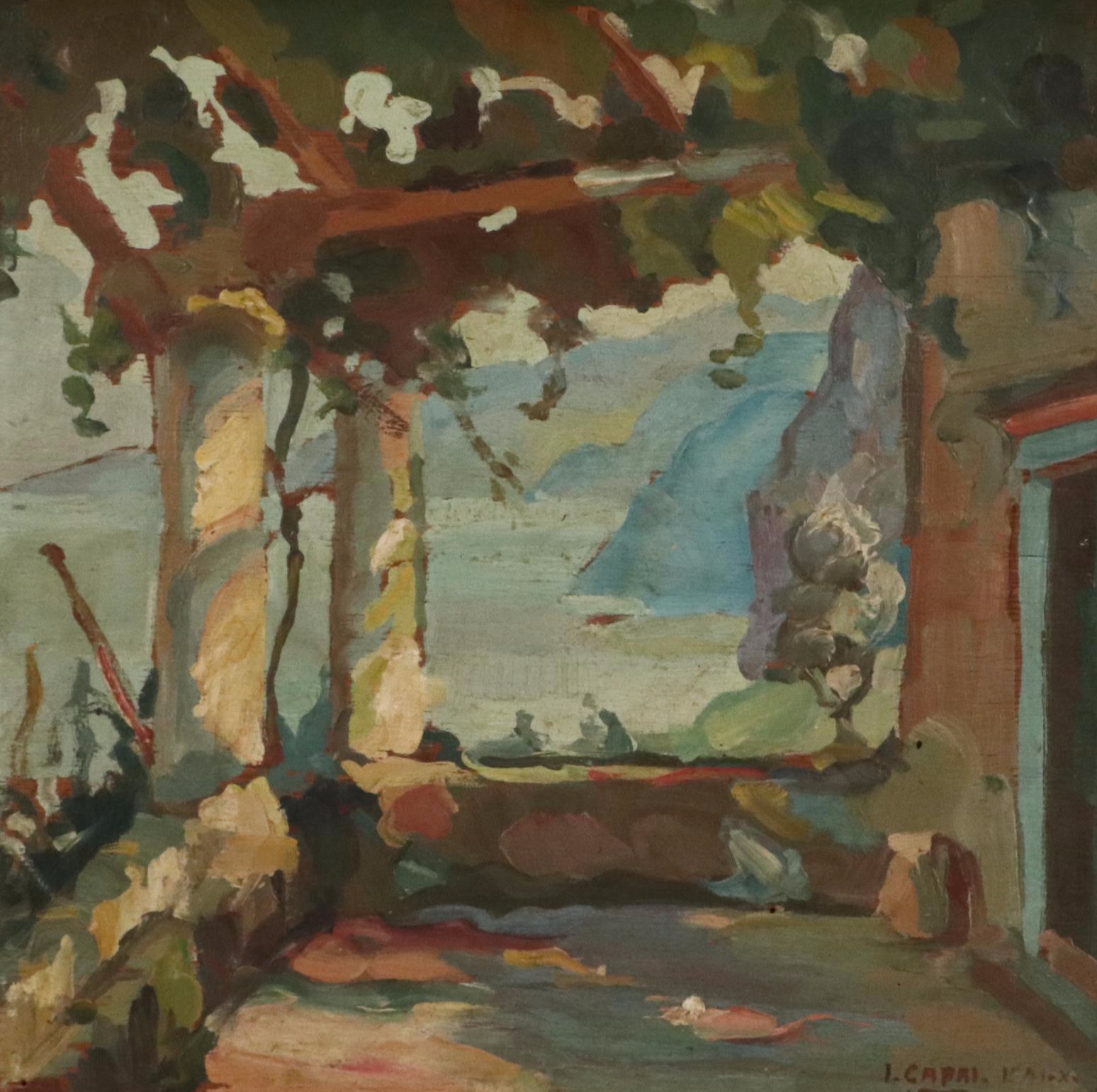 Italian School Oil Painting of Coastal Capri Landscape Terrace View, 20th C.