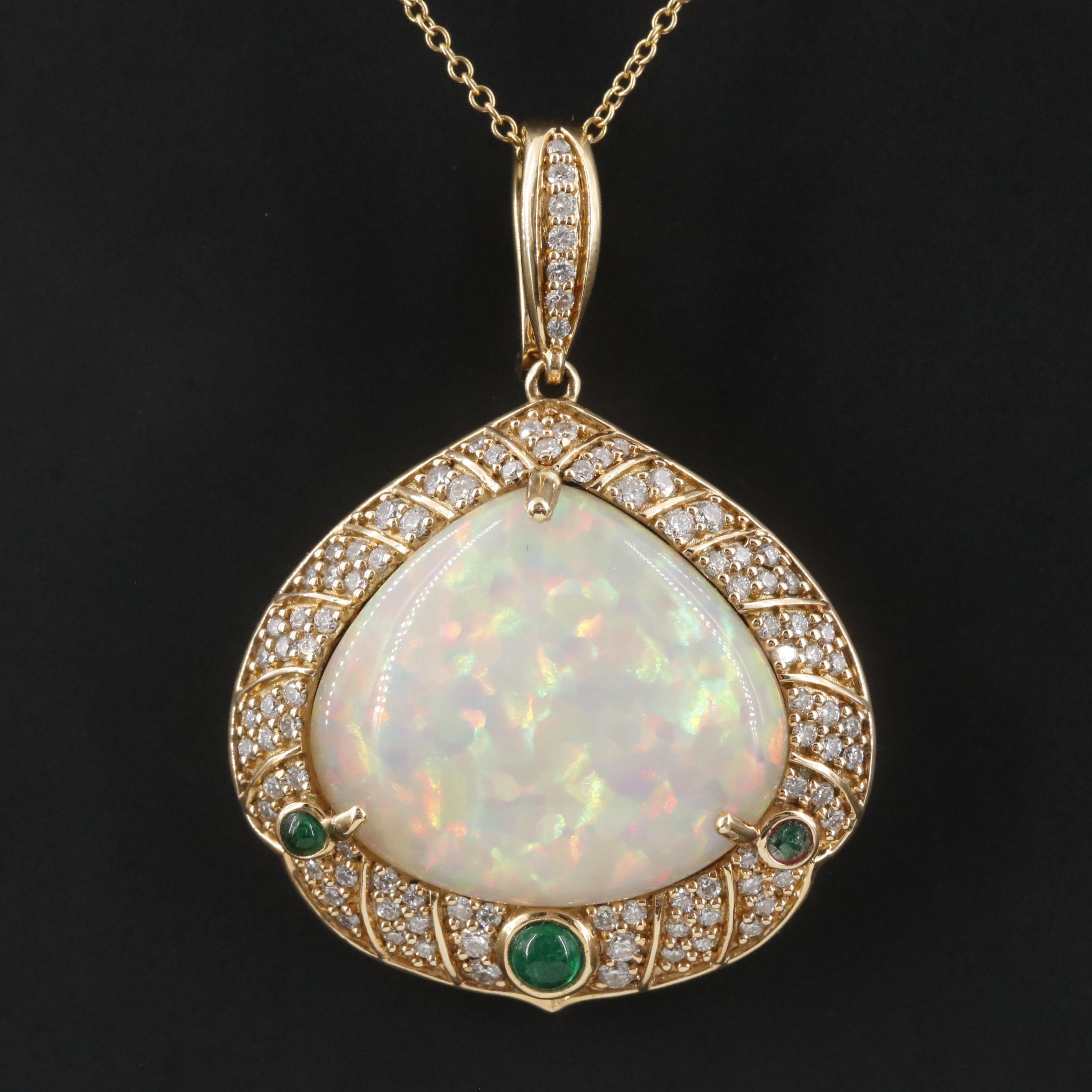 18K 18.60 CT Opal, 1.19 CTW Diamond and Emerald Enhancer Pendant Necklace