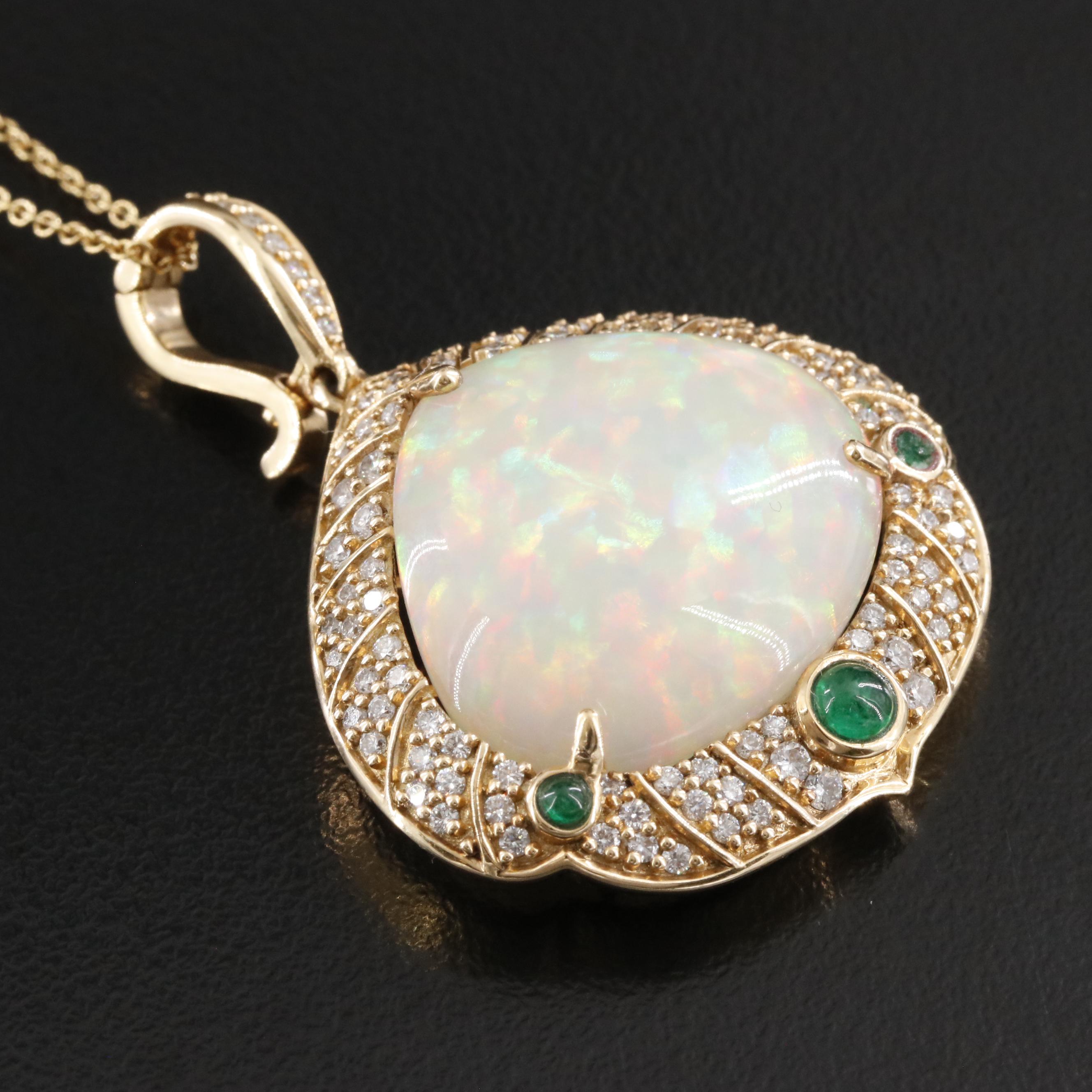 18K 18.60 CT Opal, 1.19 CTW Diamond and Emerald Enhancer Pendant Necklace