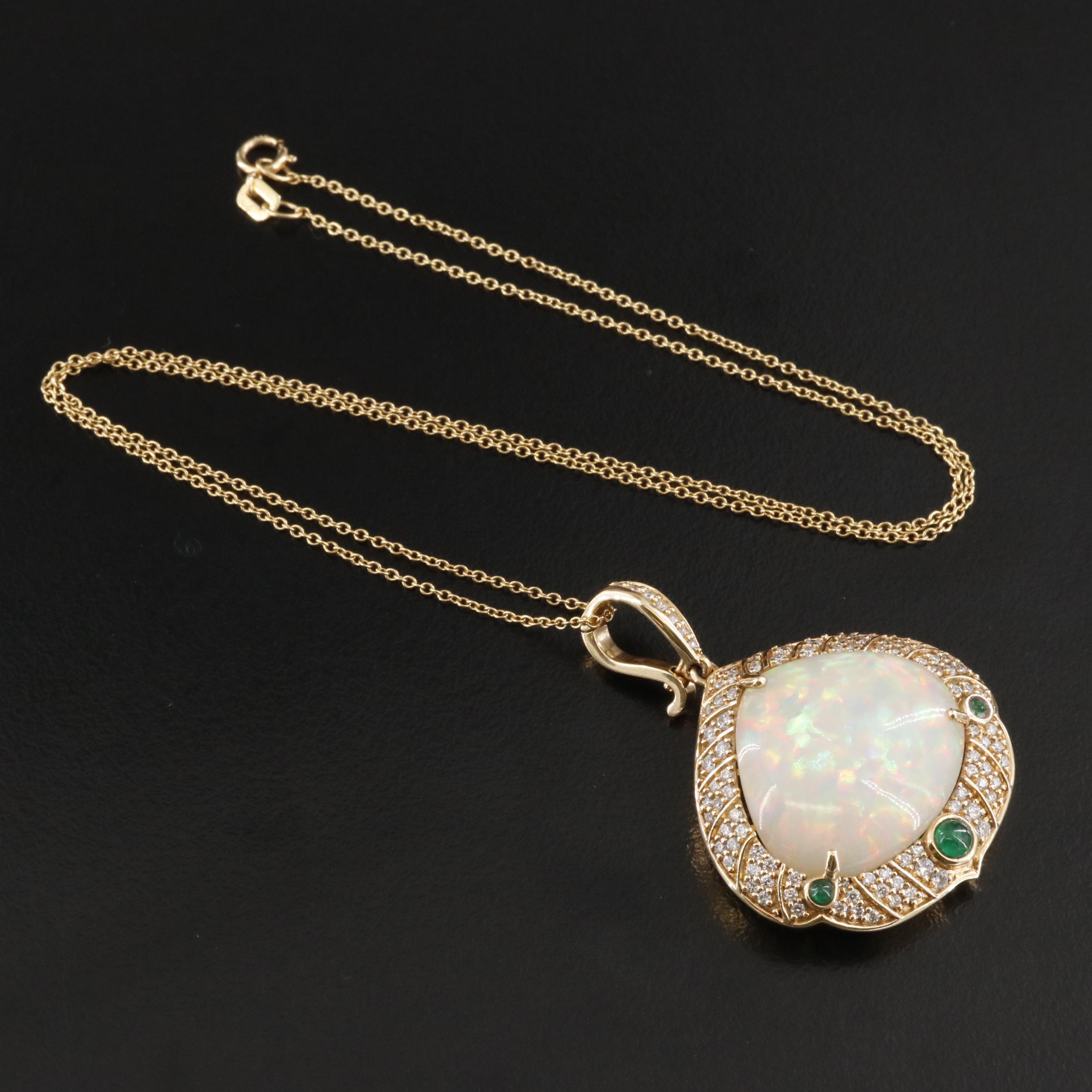 18K 18.60 CT Opal, 1.19 CTW Diamond and Emerald Enhancer Pendant Necklace
