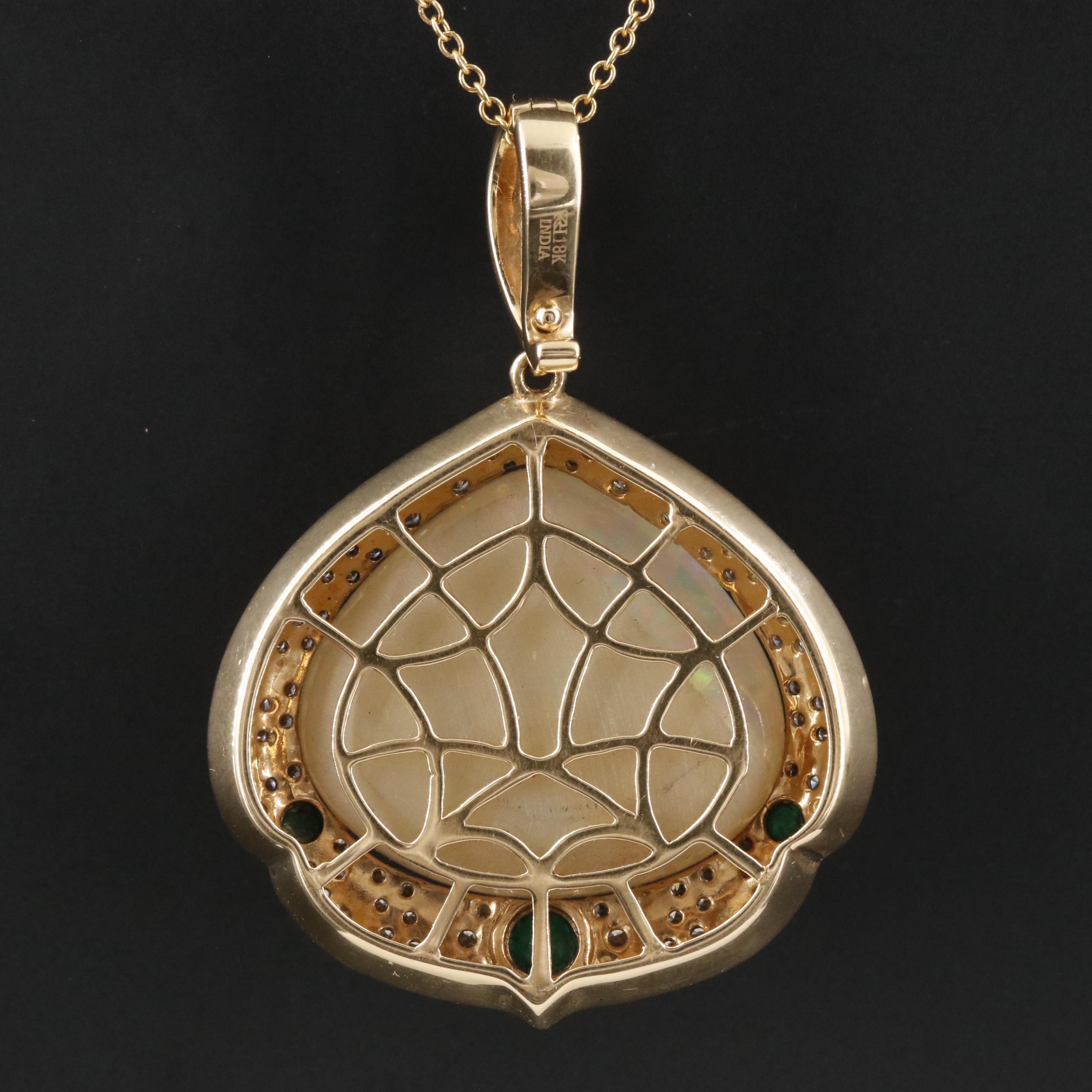 18K 18.60 CT Opal, 1.19 CTW Diamond and Emerald Enhancer Pendant Necklace