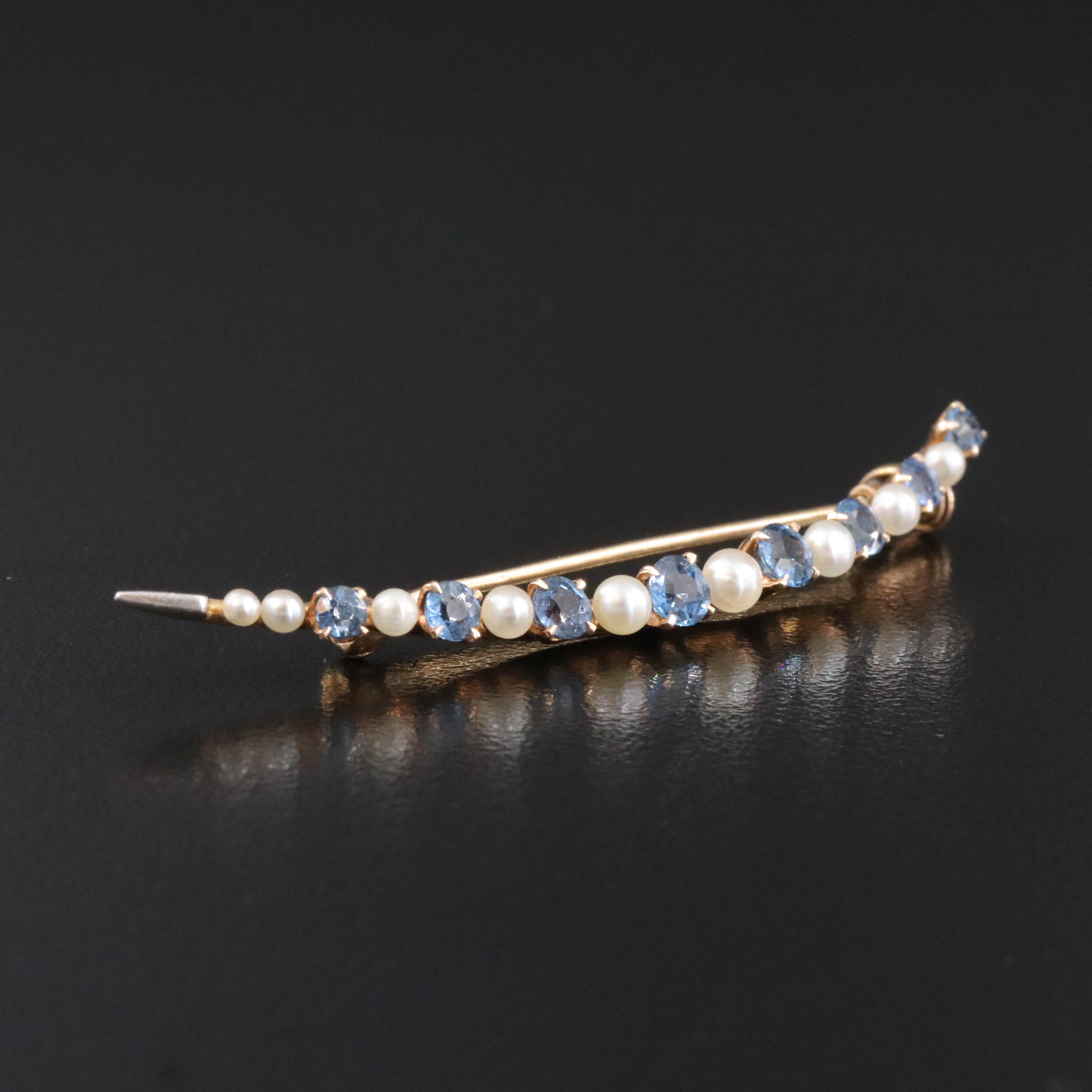 14K Sapphire and Seed Pearl Crescent Bar Pin with Platinum Accent