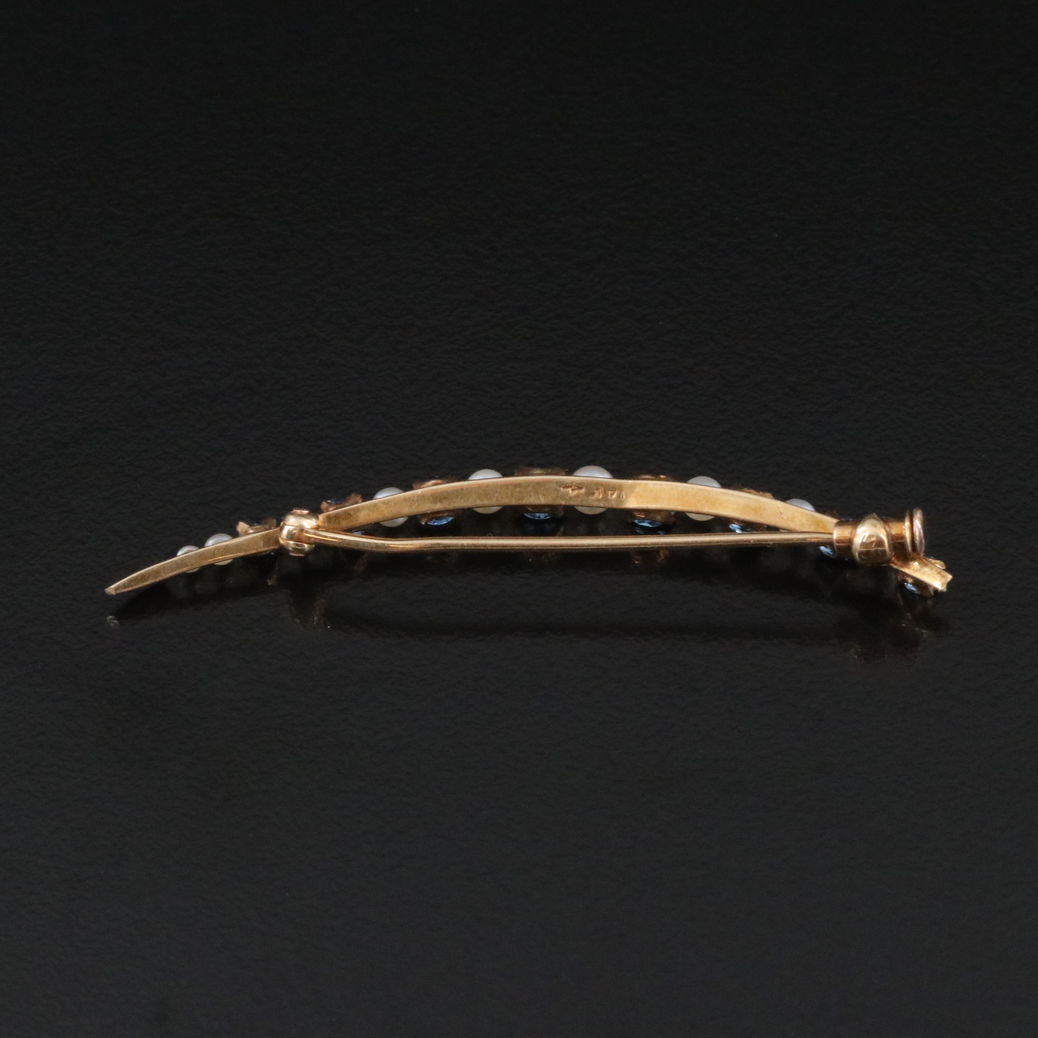 14K Sapphire and Seed Pearl Crescent Bar Pin with Platinum Accent