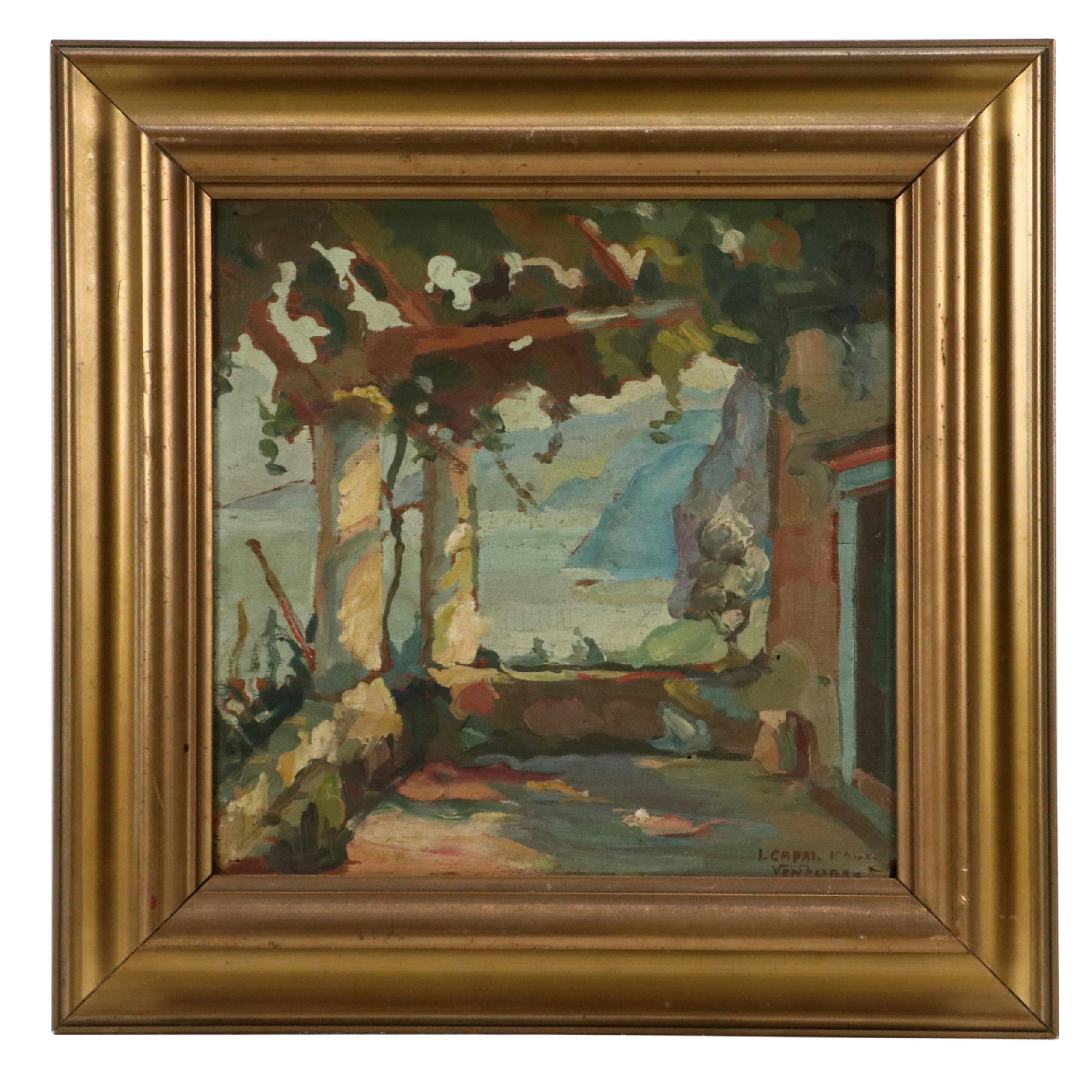 Italian School Oil Painting of Coastal Capri Landscape Terrace View, 20th C.