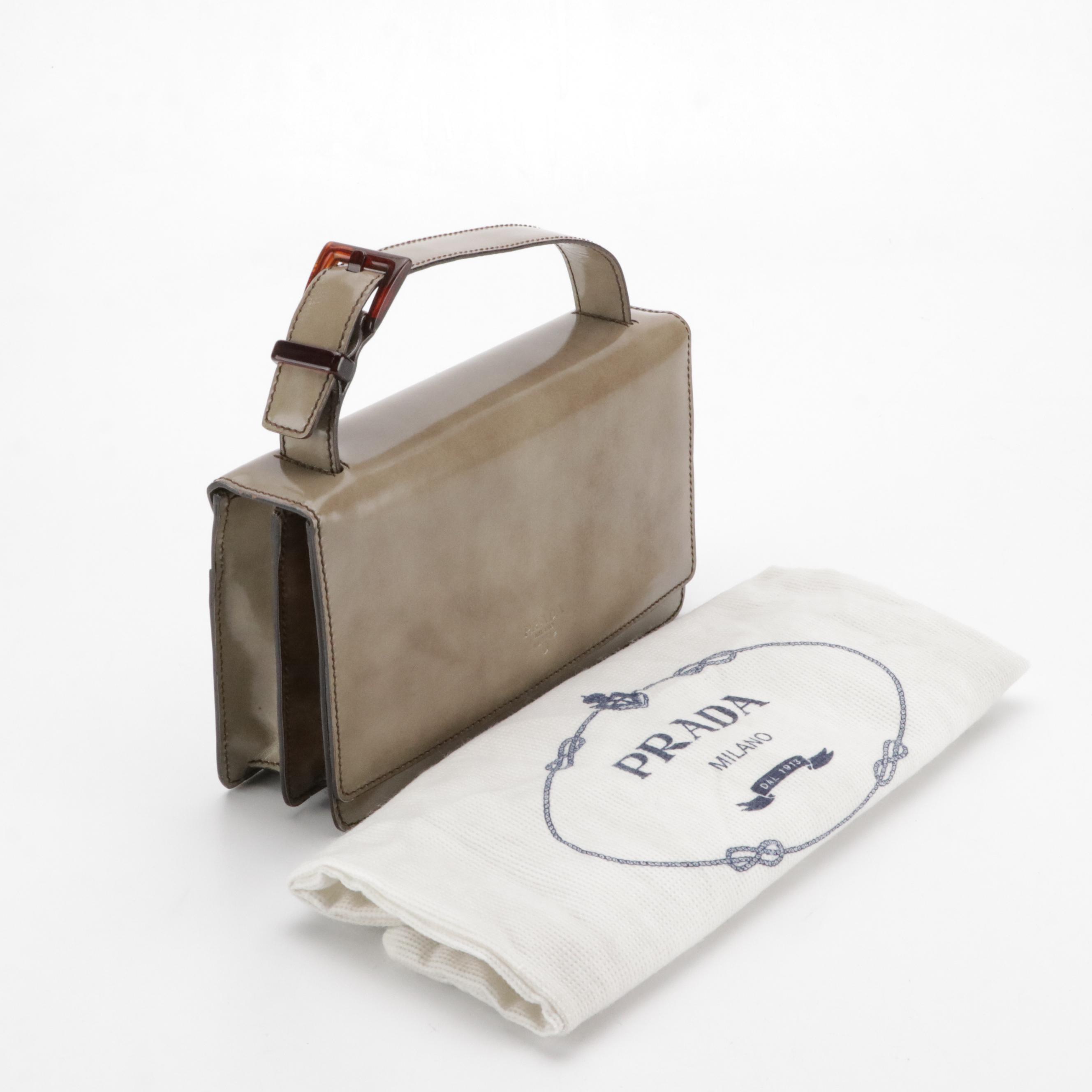 Prada Buckle Strap Handbag in Cloudy Taupe Patent Leather