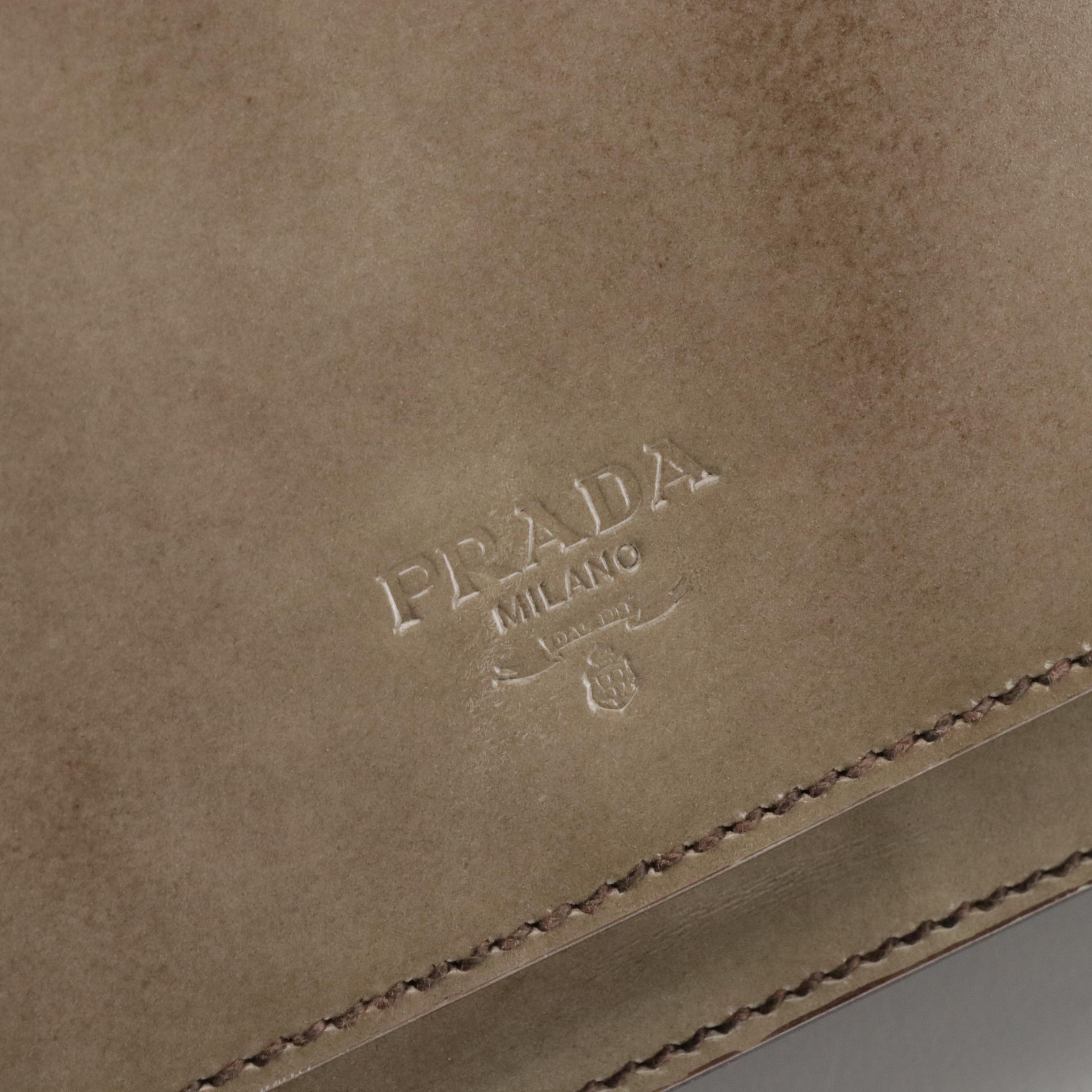 Prada Buckle Strap Handbag in Cloudy Taupe Patent Leather