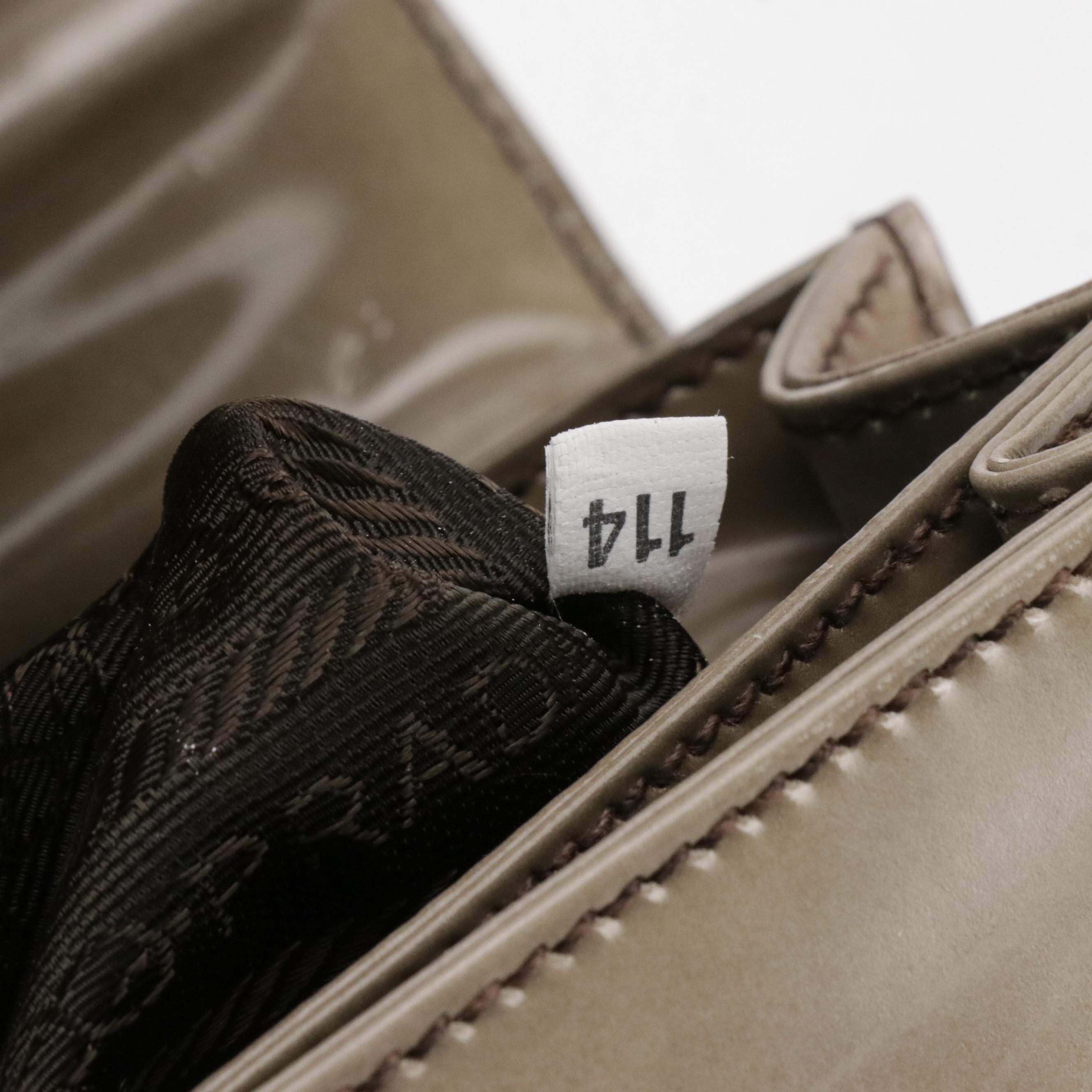 Prada Buckle Strap Handbag in Cloudy Taupe Patent Leather