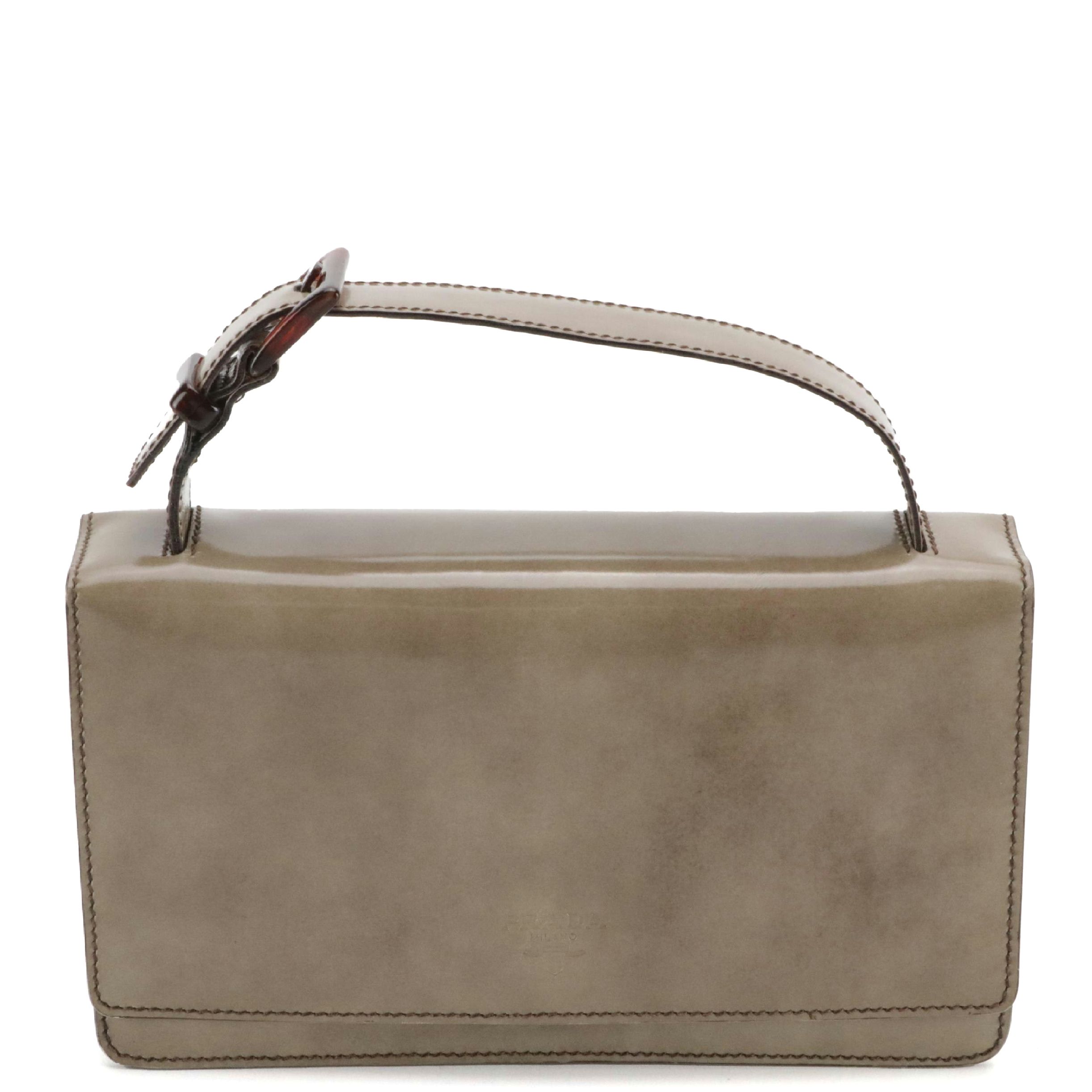 Prada Buckle Strap Handbag in Cloudy Taupe Patent Leather