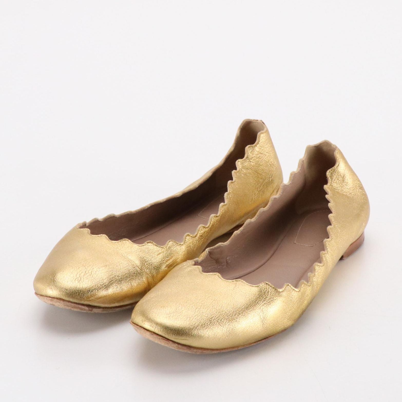 Chloé "Lauren" Scalloped-Edge Ballerina Flats in Metallic Gold Leather