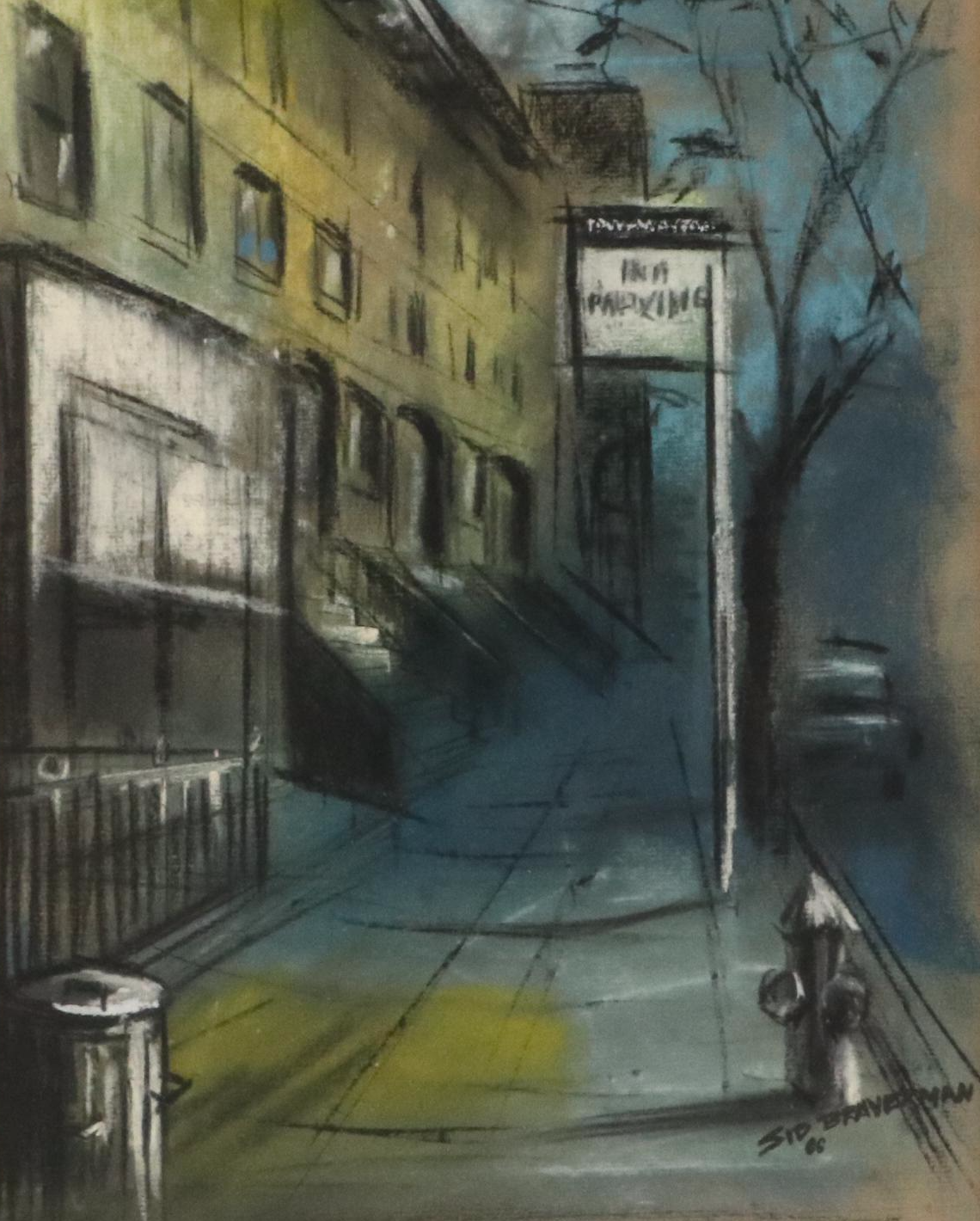 Sidney Braverman Pastel Drawing of Nocturne Street Scene, 1966