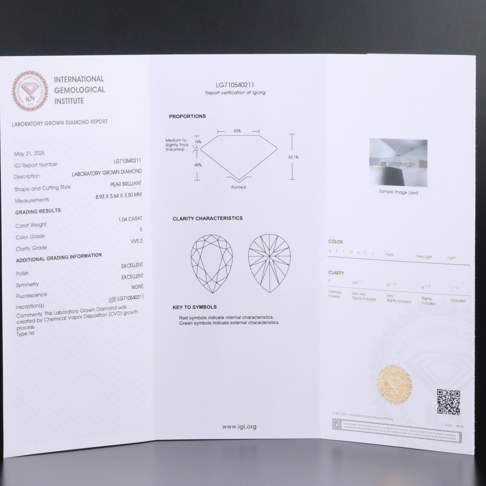 Loose 1.04 CT Lab Grown Diamond with IGI Report