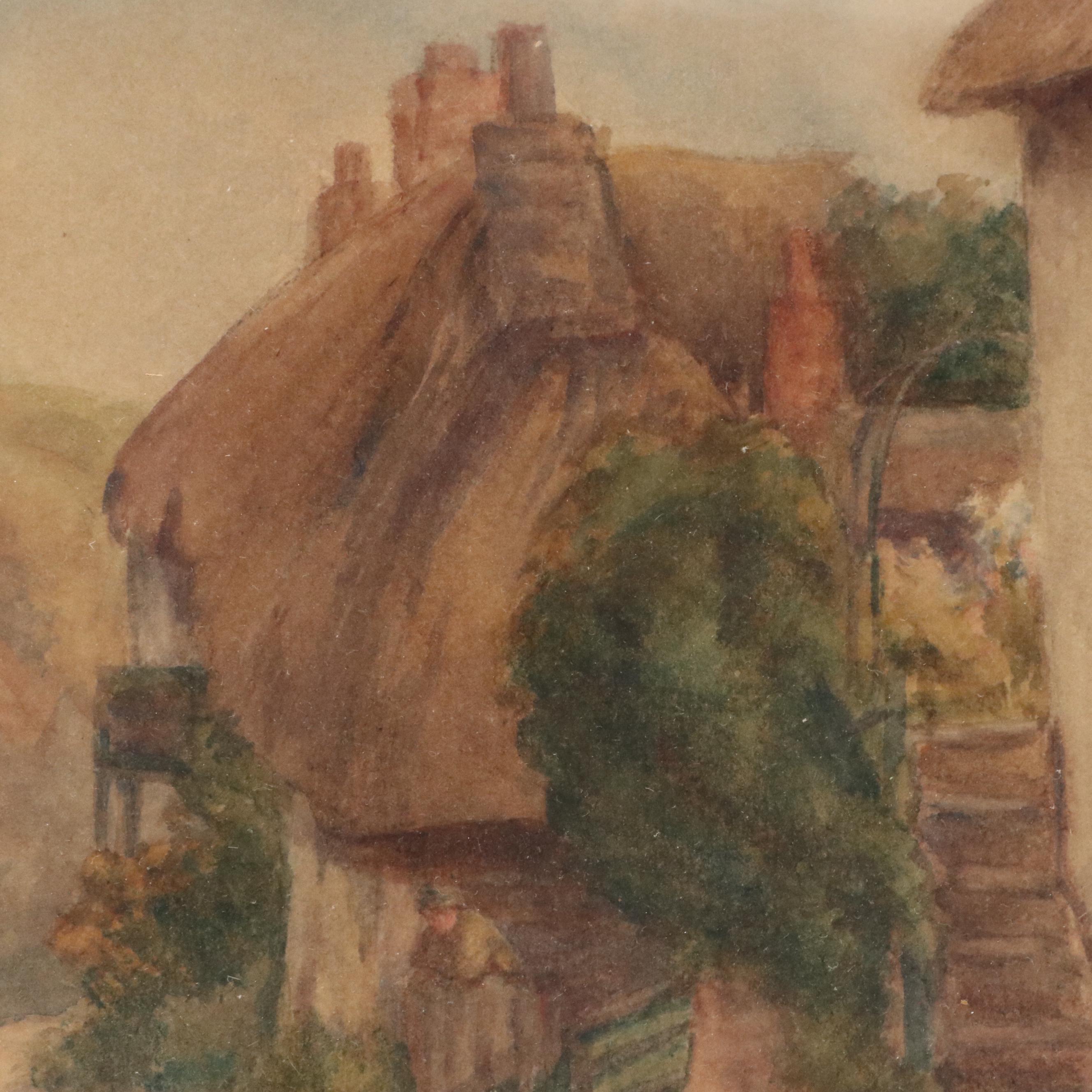 European Village Scene Watercolor Painting, 20th Century