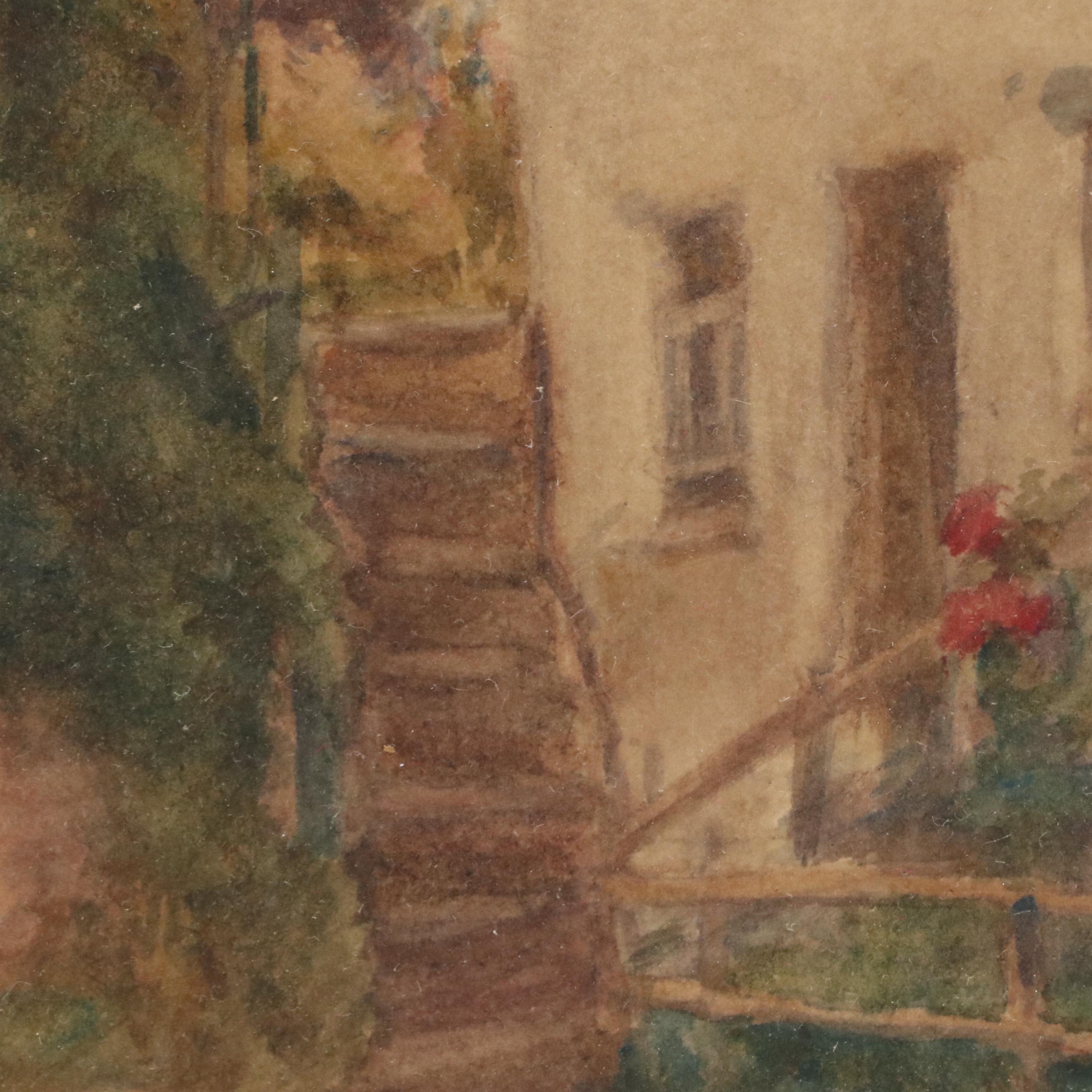 European Village Scene Watercolor Painting, 20th Century