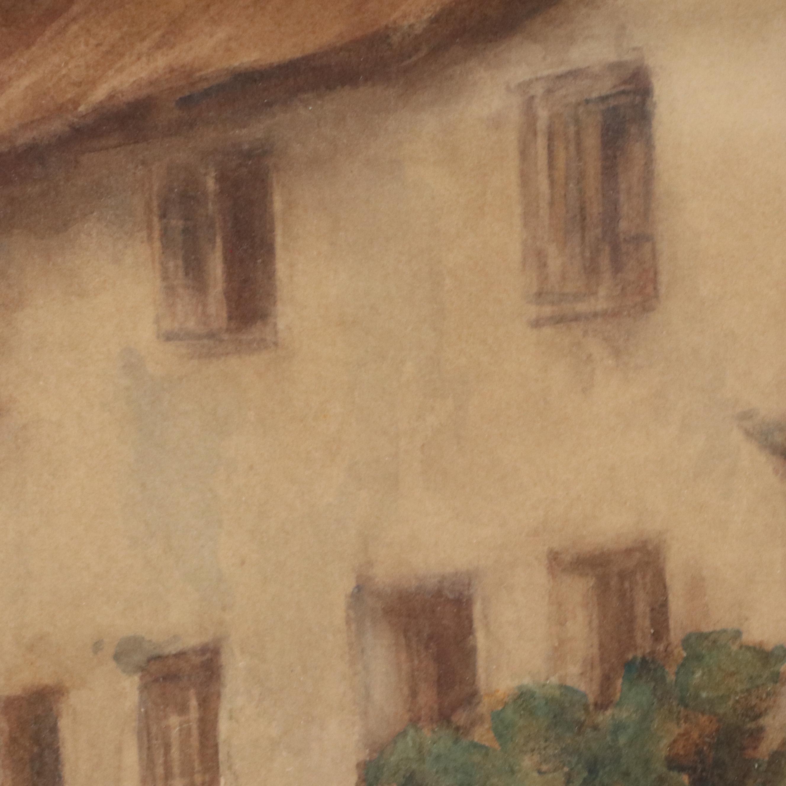 European Village Scene Watercolor Painting, 20th Century