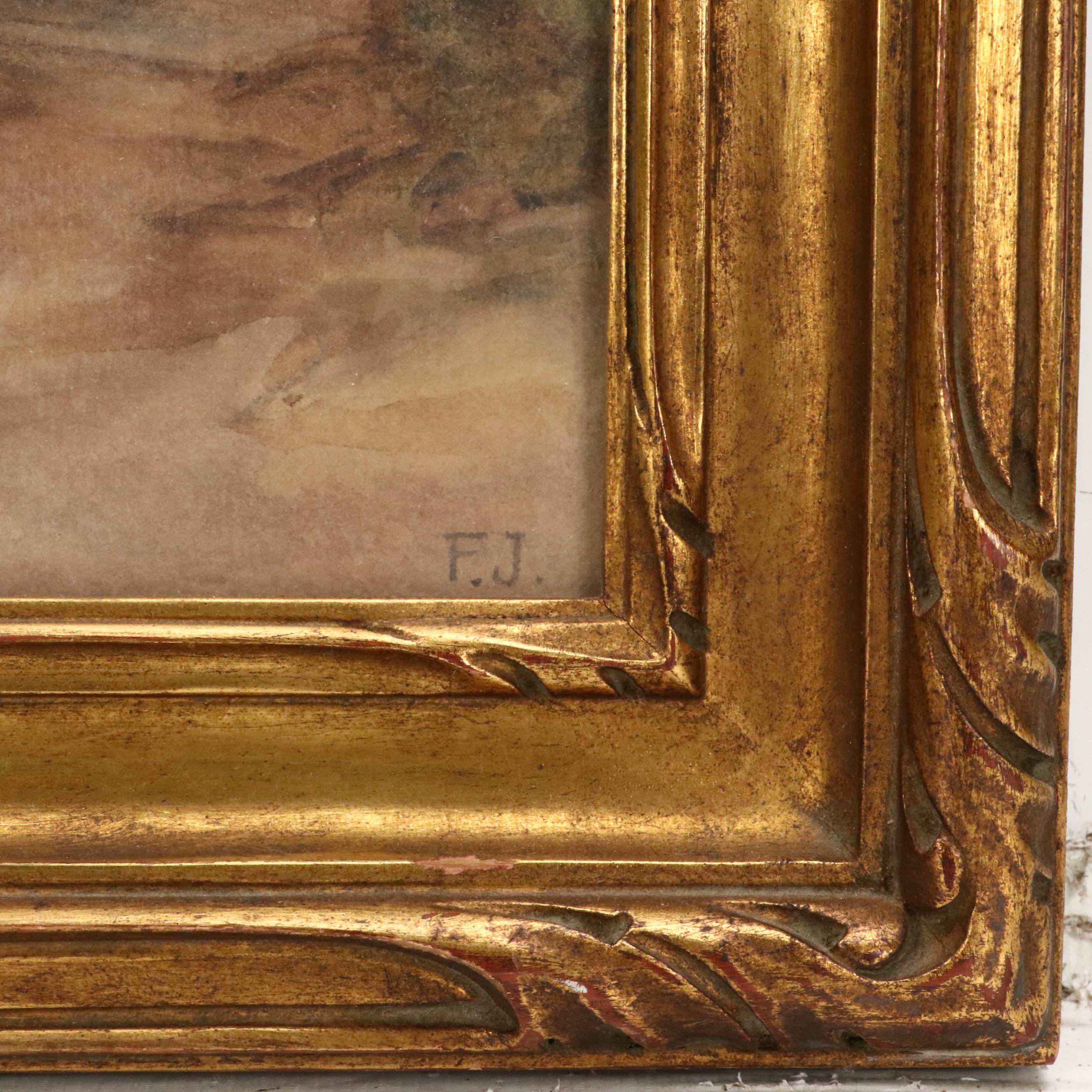 European Village Scene Watercolor Painting, 20th Century