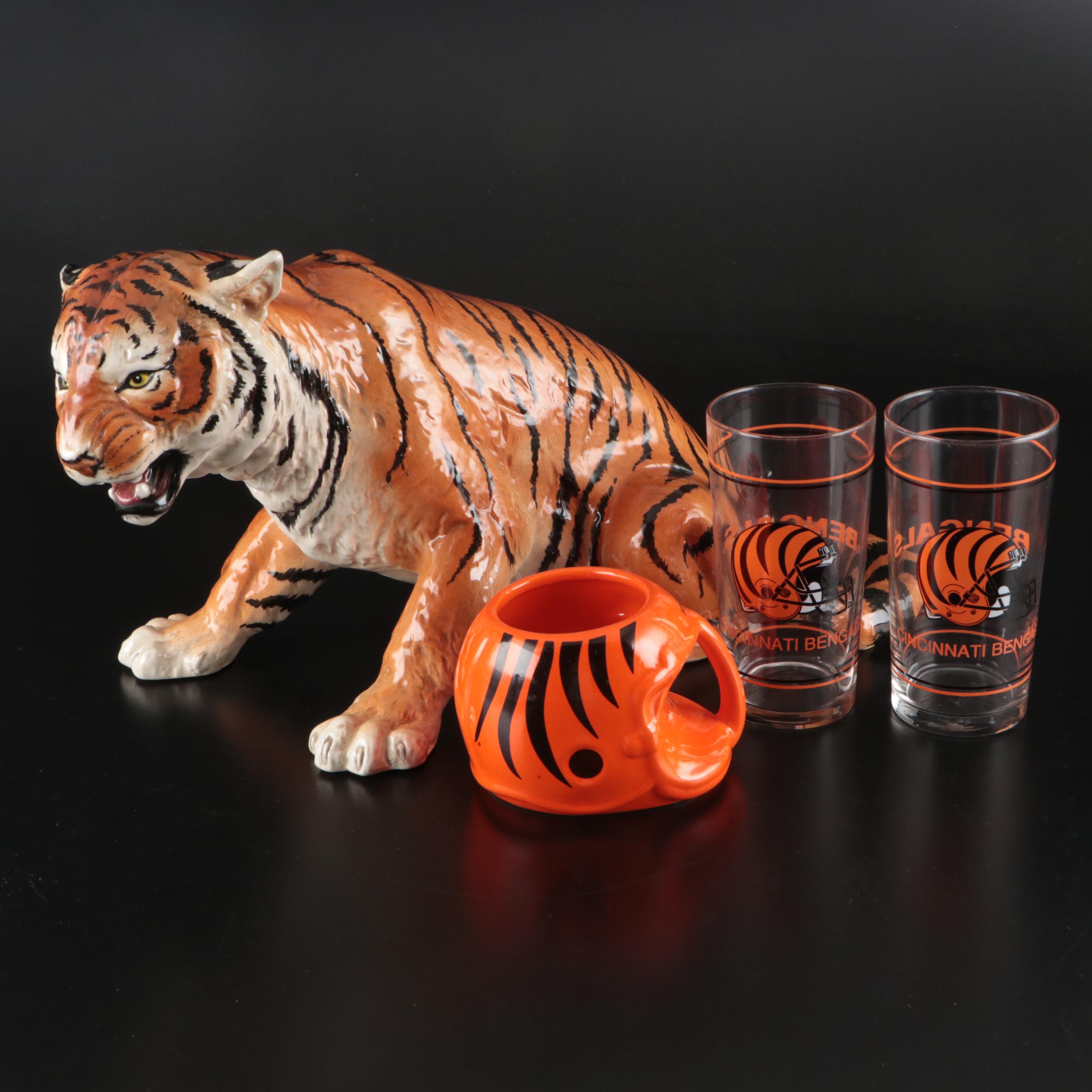 Cincinnati Bengals Glass Tumblers with Ceramic Tiger and Mug