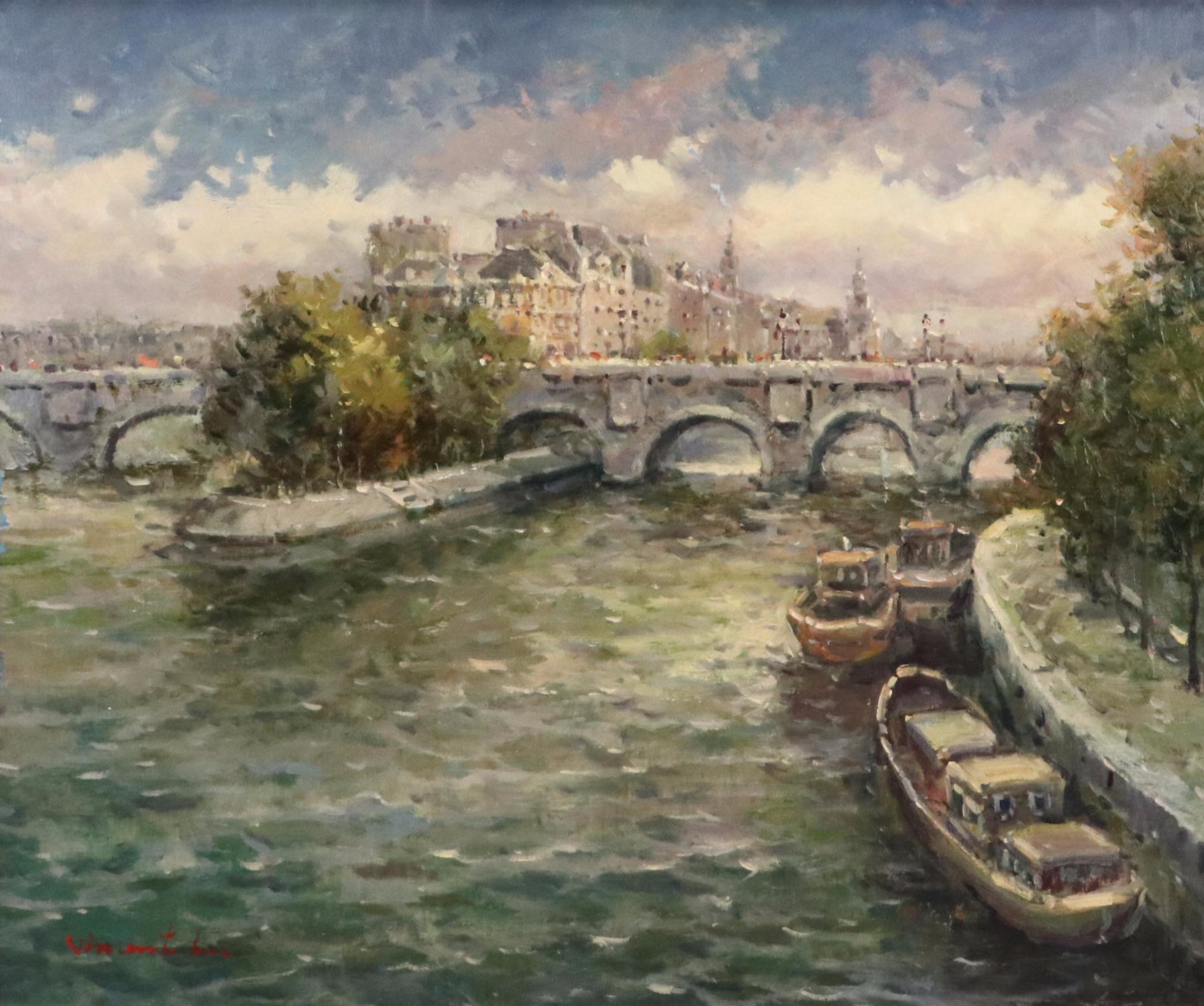 Vincent Lee Parisian Seine River Scene Oil Painting, Late 20th Century