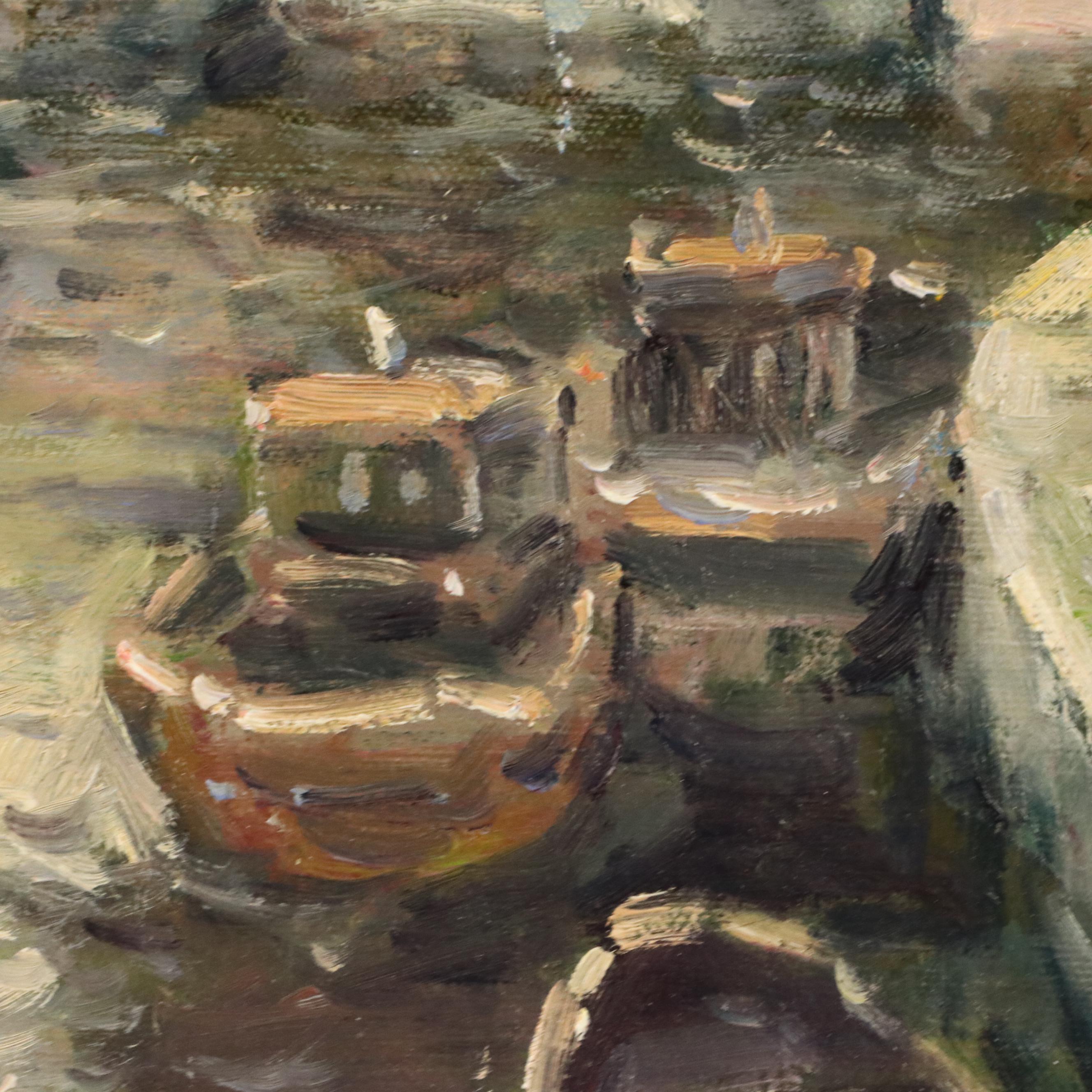 Vincent Lee Parisian Seine River Scene Oil Painting, Late 20th Century