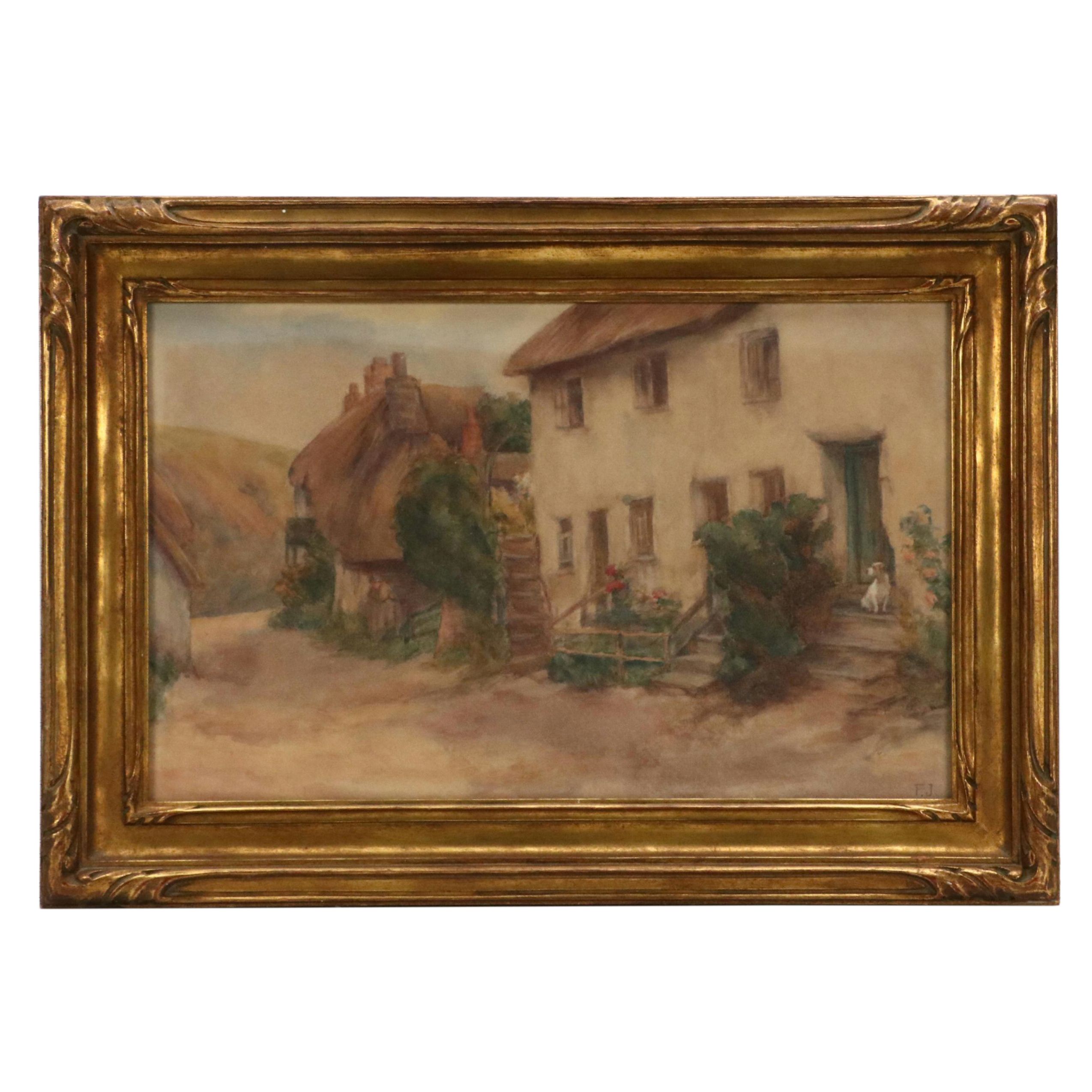 European Village Scene Watercolor Painting, 20th Century