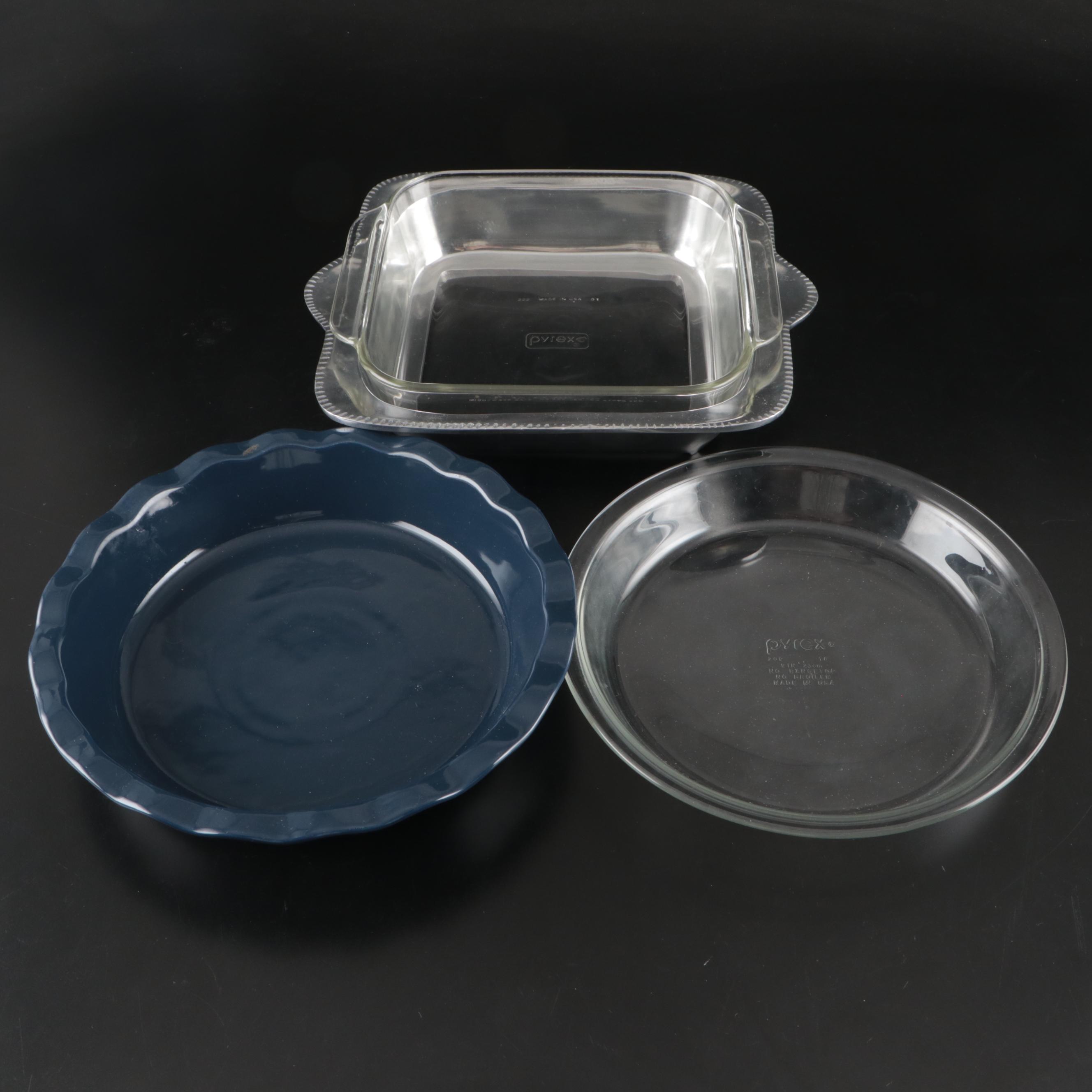 Portuguese Threshold Stoneware Ruffled Pie Dish with Pyrex Glass Baking Dishes