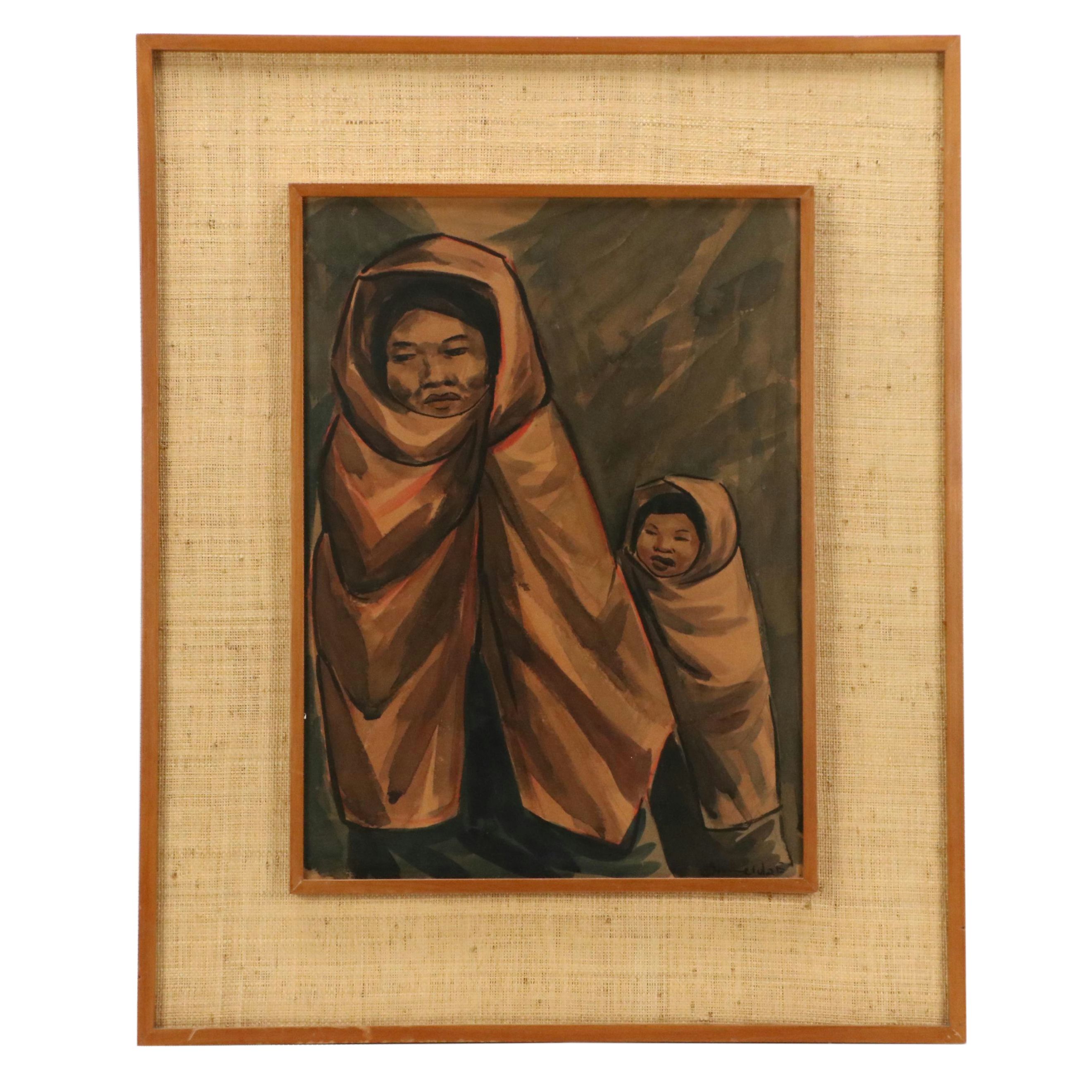 Gilberto Almeida Watercolor Painting of Two Figures