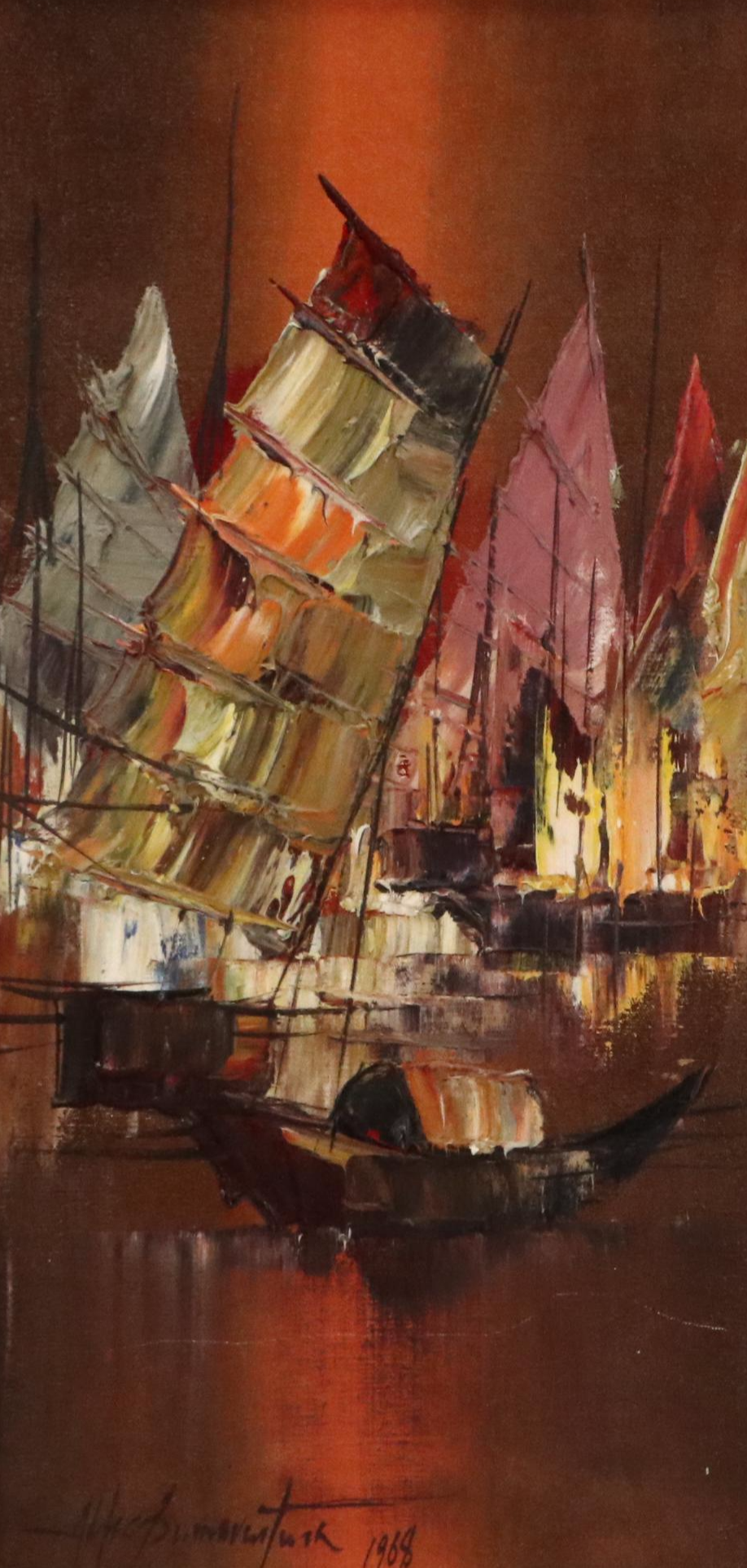 Oil Painting of Chinese Harbor Scene With Junks, 1968