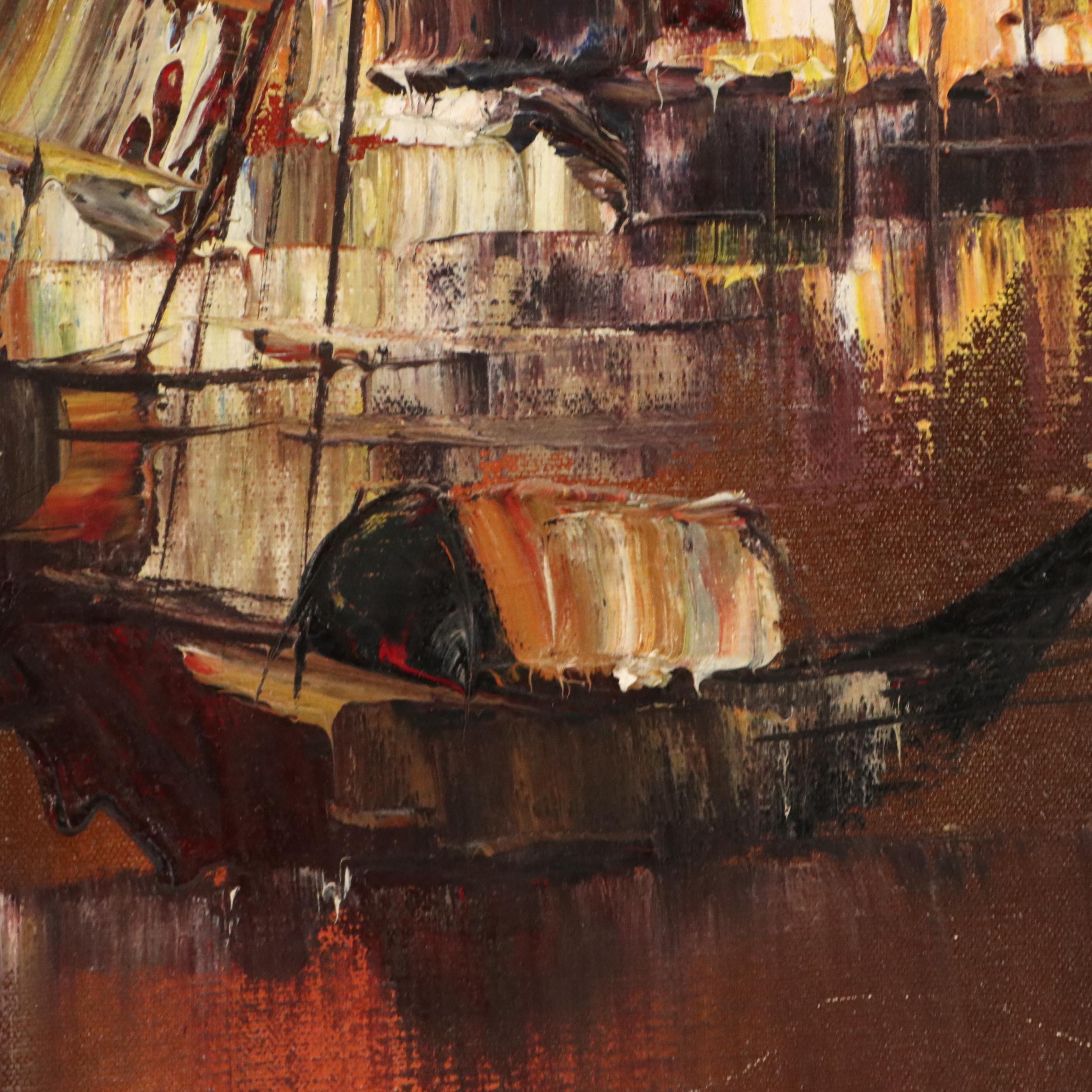 Oil Painting of Chinese Harbor Scene With Junks, 1968