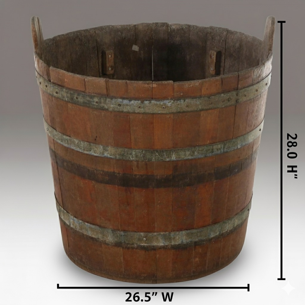 Large Primitive Wood Coopered Bucket with Handles