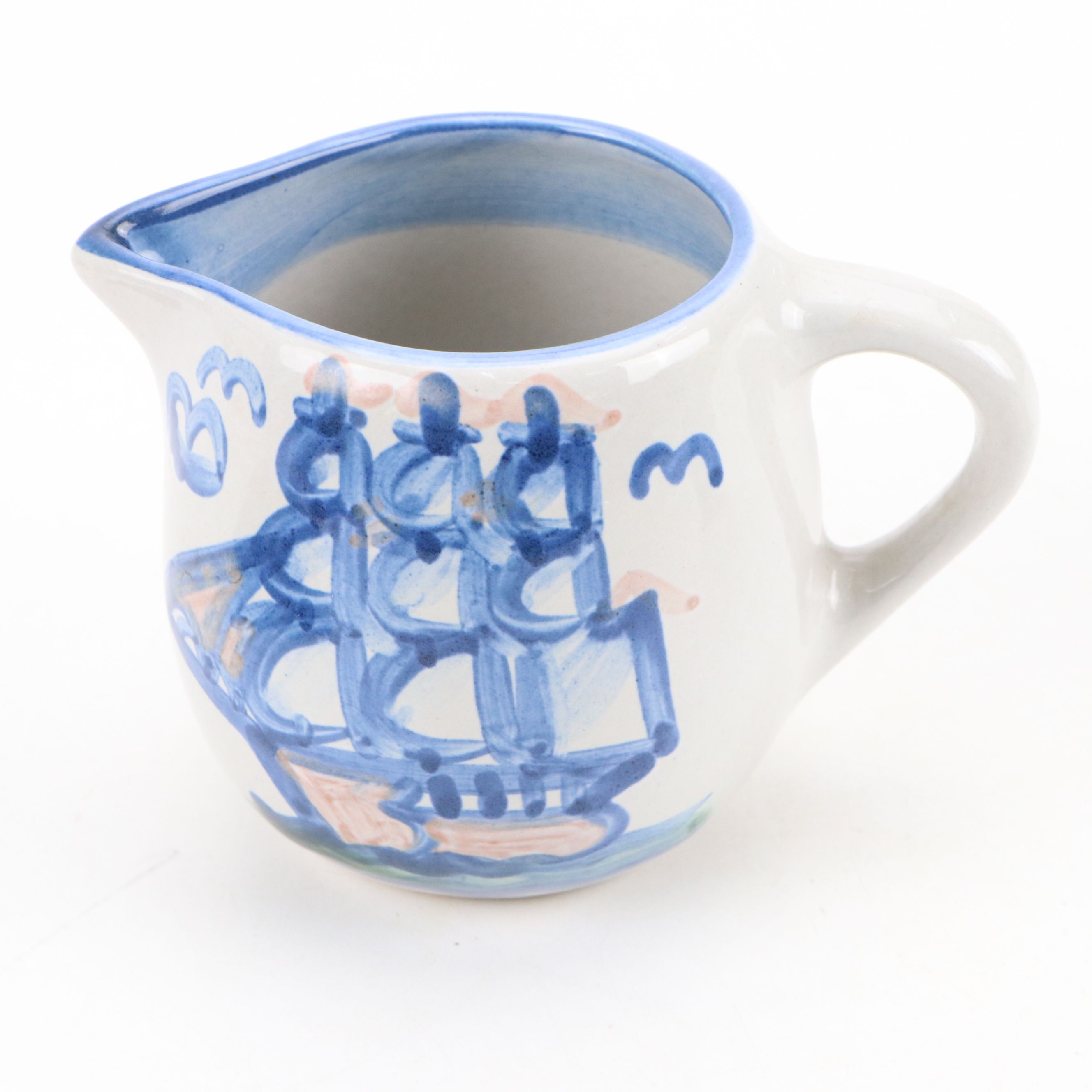 Hadley Pottery Blue and White Creamer and Sugar Vessels with Handmade Bowl