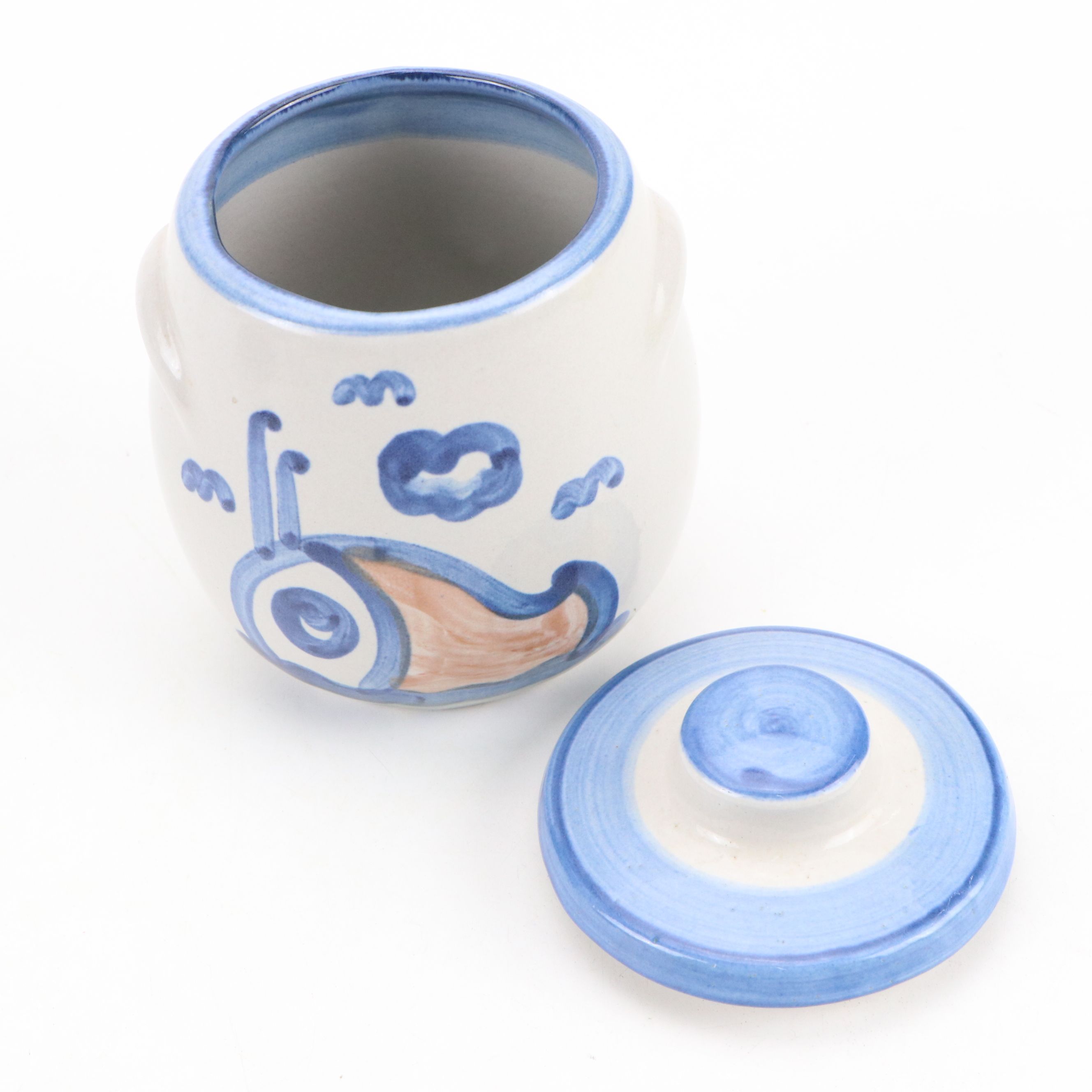 Hadley Pottery Blue and White Creamer and Sugar Vessels with Handmade Bowl