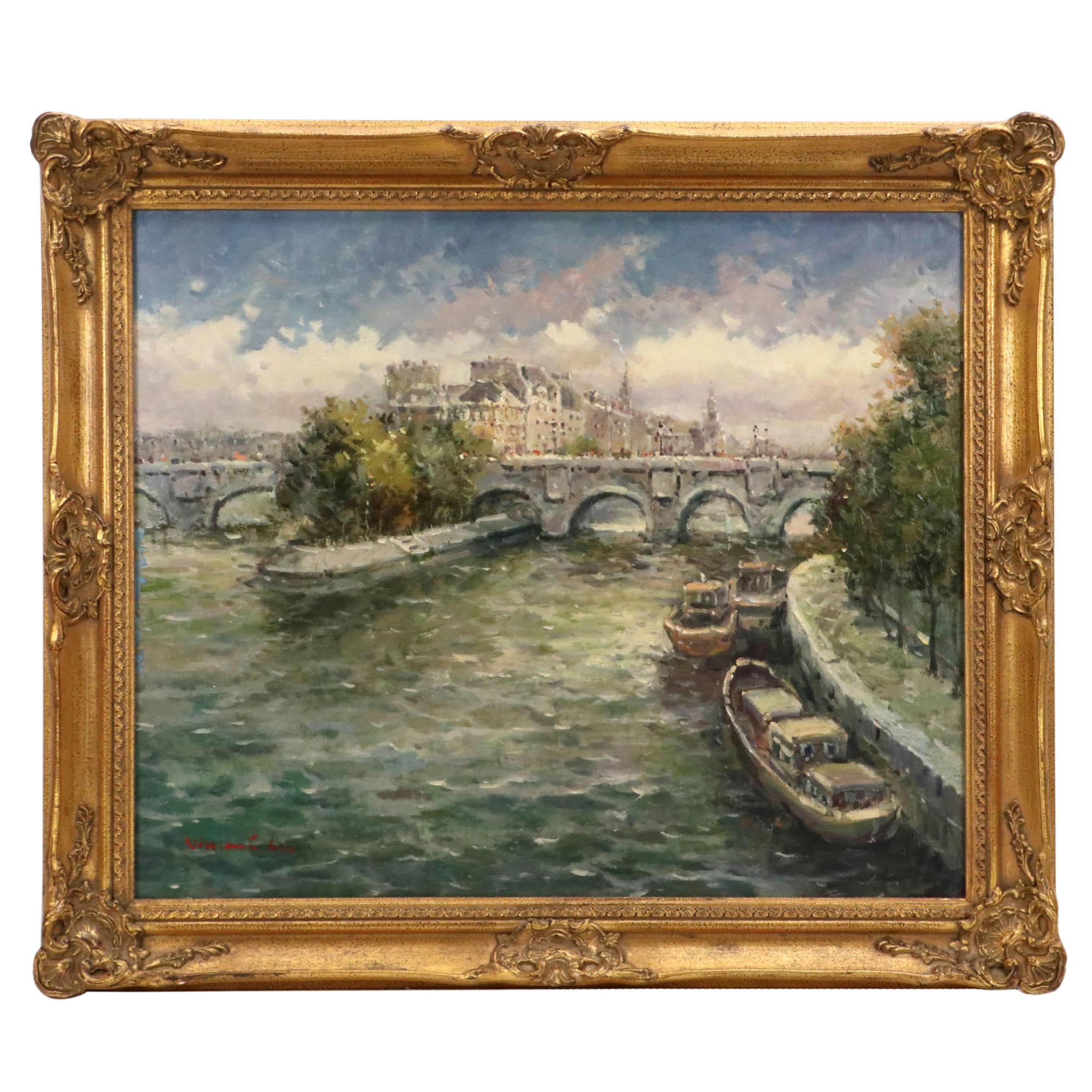 Vincent Lee Parisian Seine River Scene Oil Painting, Late 20th Century