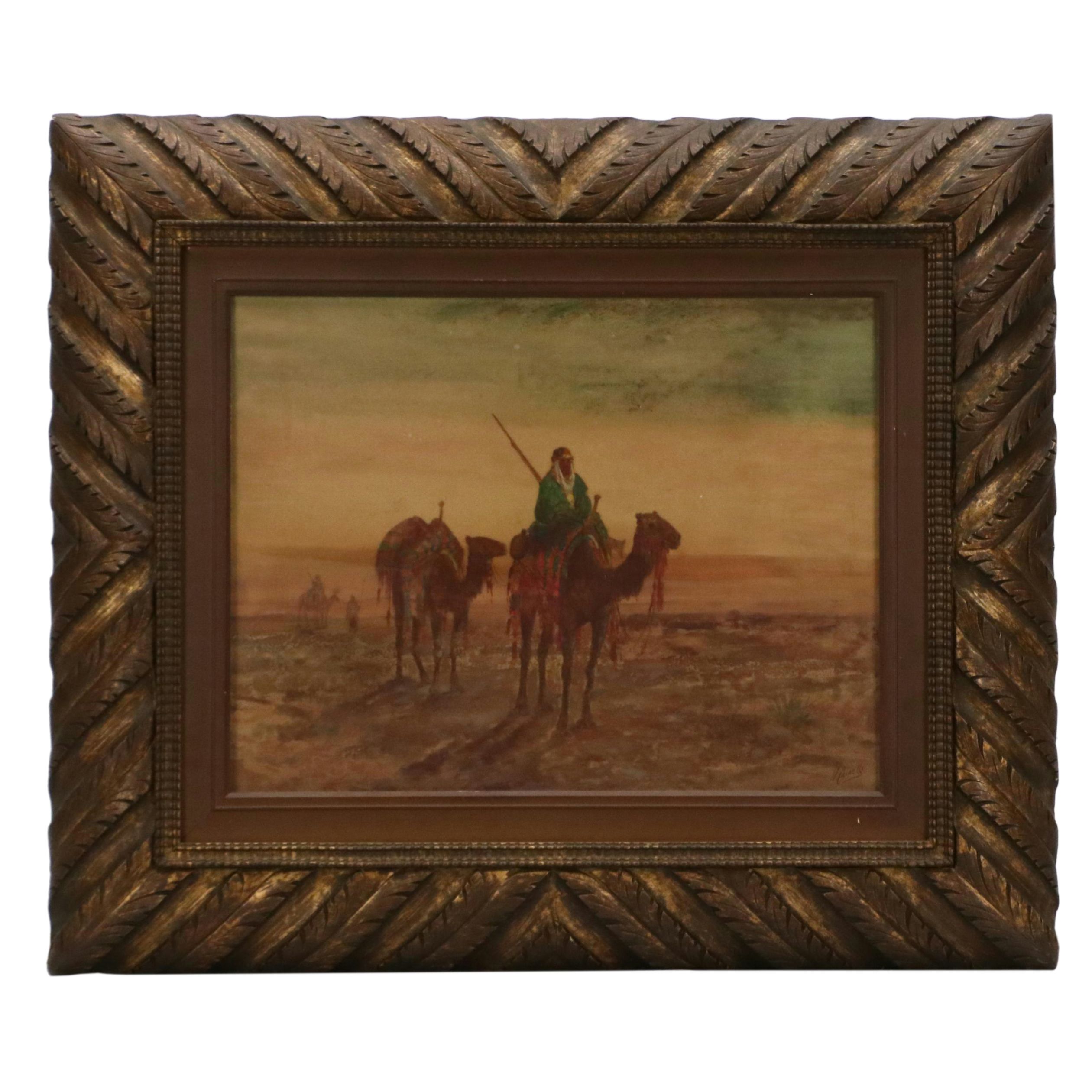 Victor Casnelli Orientalist Watercolor Painting of Desert Scene, Circa 1900