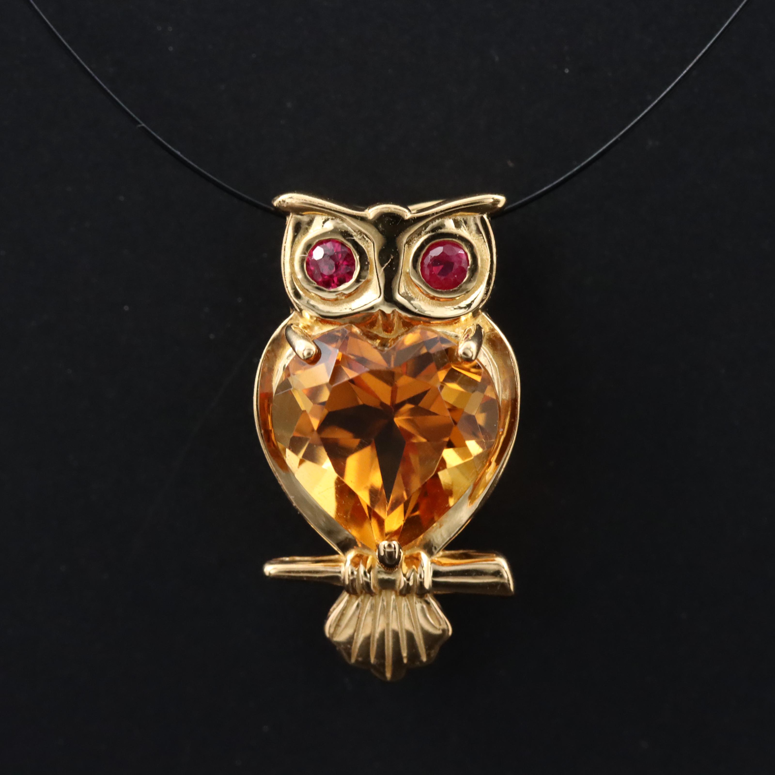 18K Citrine Owl Pendant with Ruby Eyes