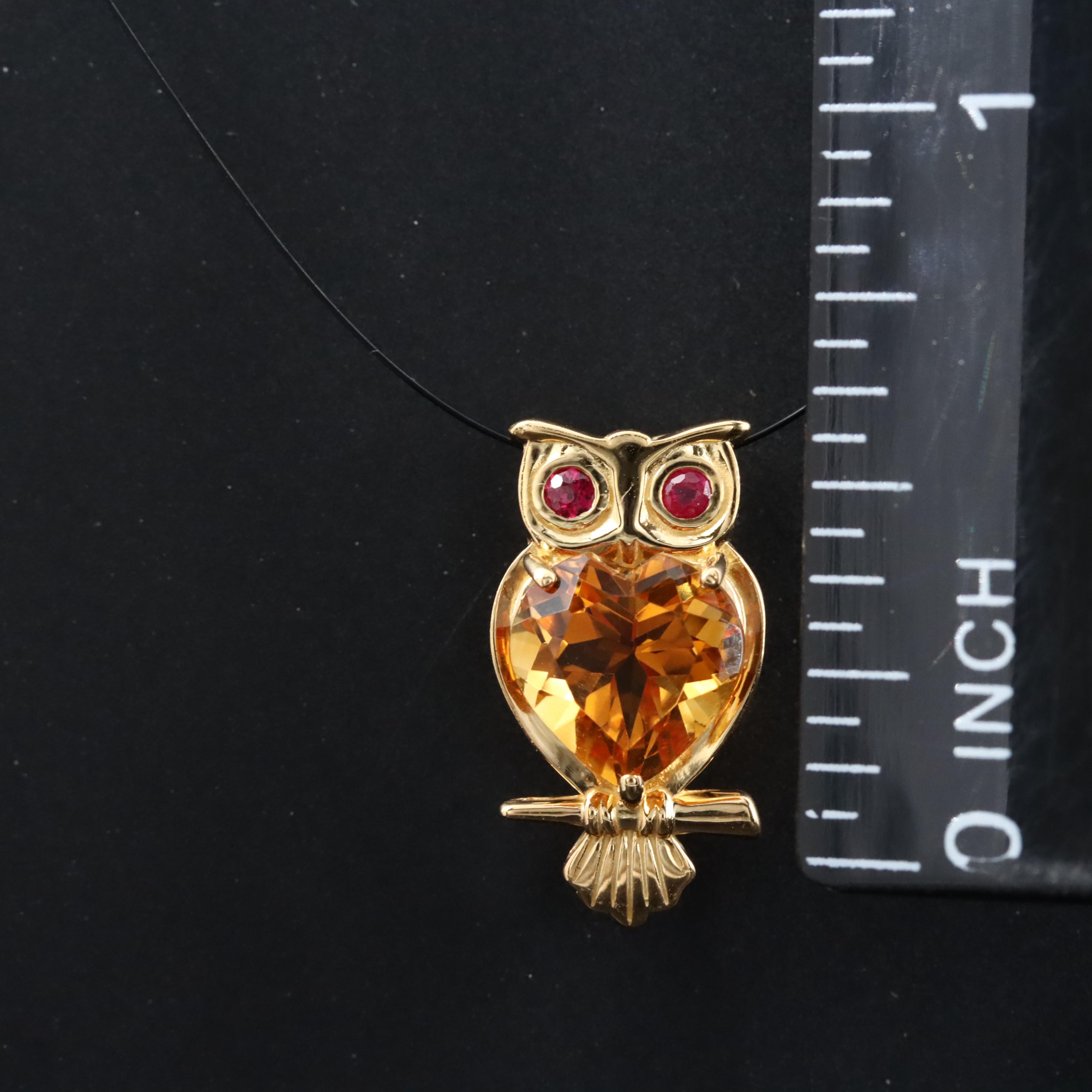 18K Citrine Owl Pendant with Ruby Eyes