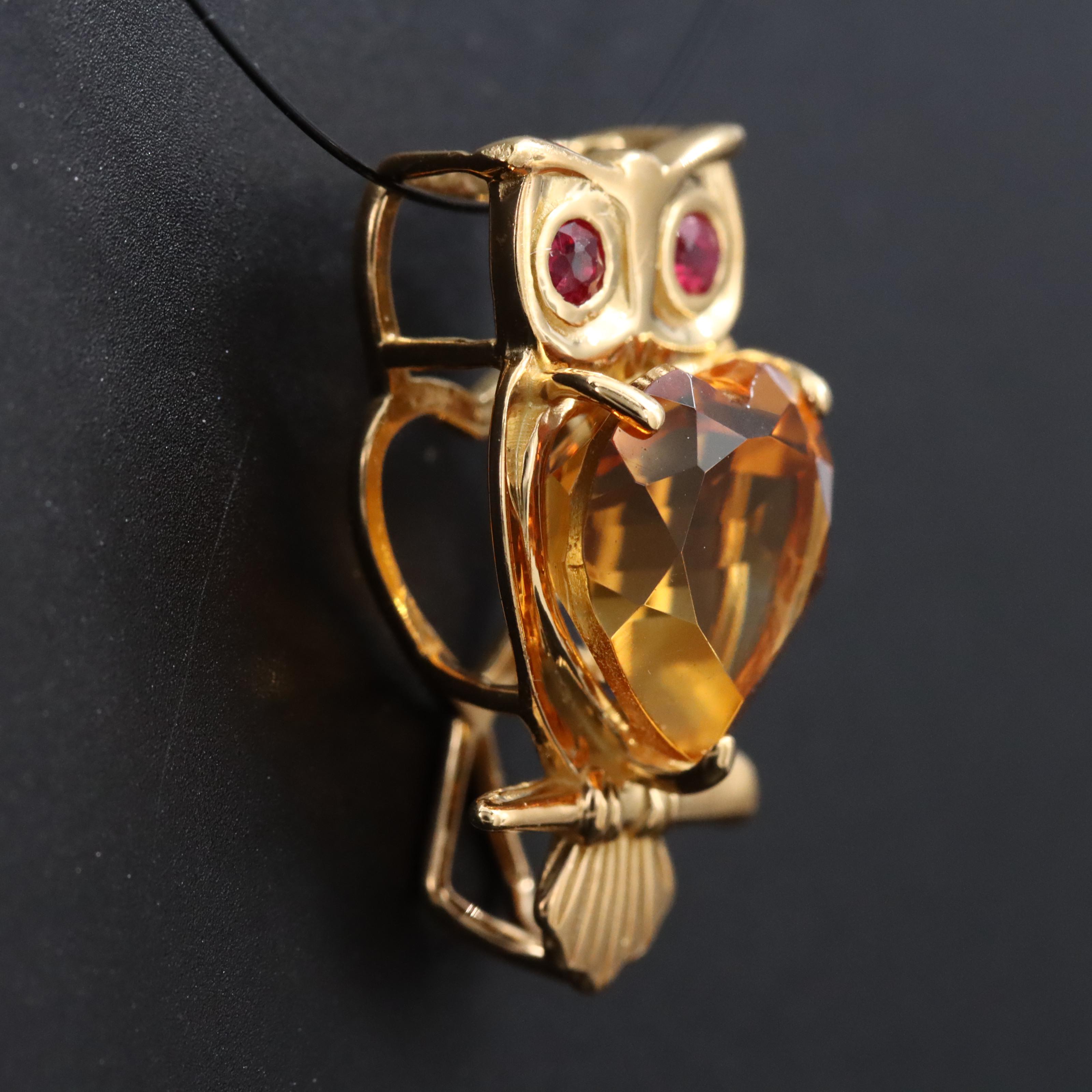 18K Citrine Owl Pendant with Ruby Eyes