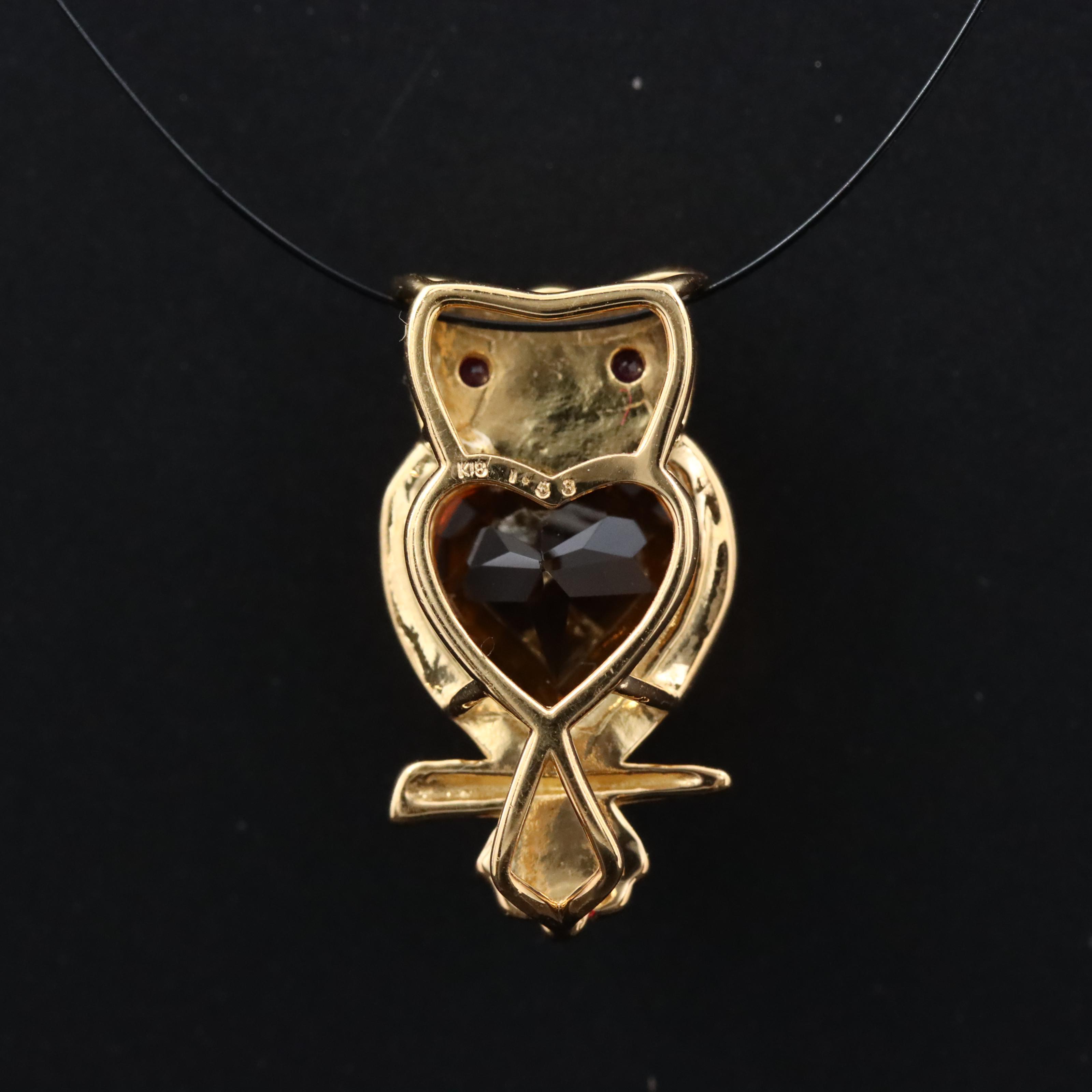 18K Citrine Owl Pendant with Ruby Eyes