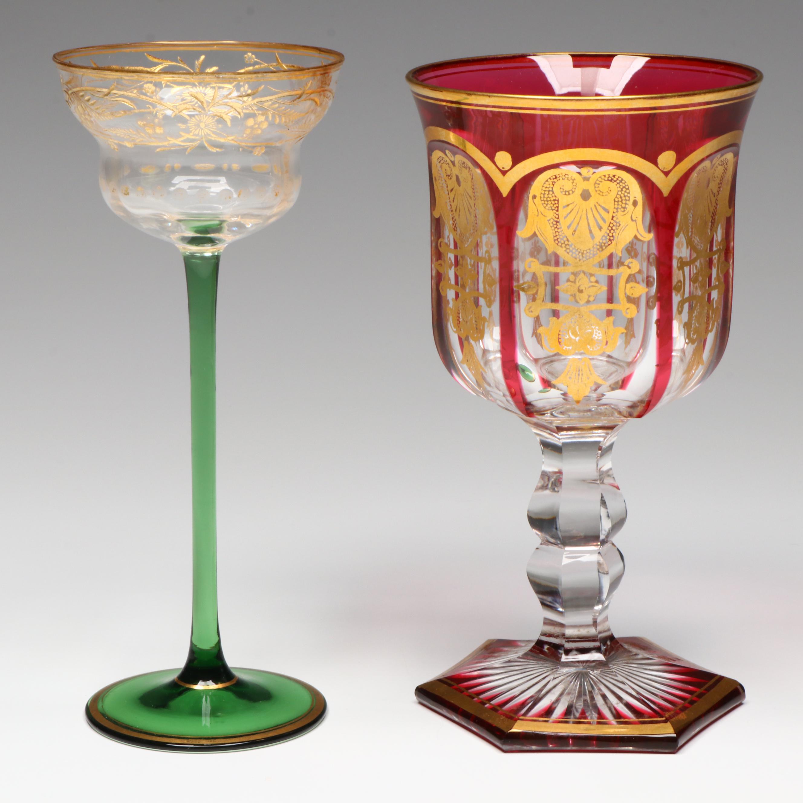Art Nouveau Style Gold Gilt Glass Water Goblet and Liquor Cocktail Glass