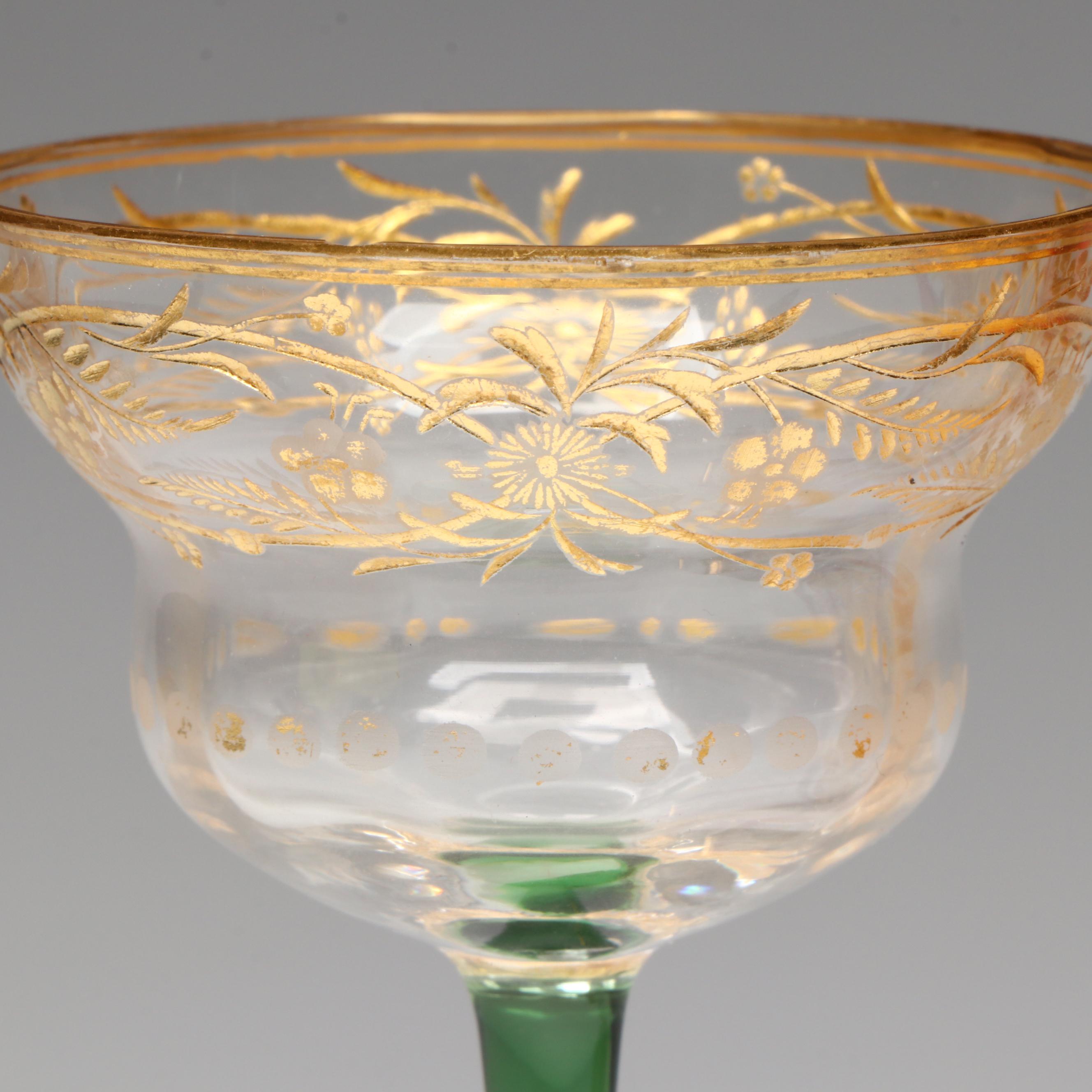 Art Nouveau Style Gold Gilt Glass Water Goblet and Liquor Cocktail Glass