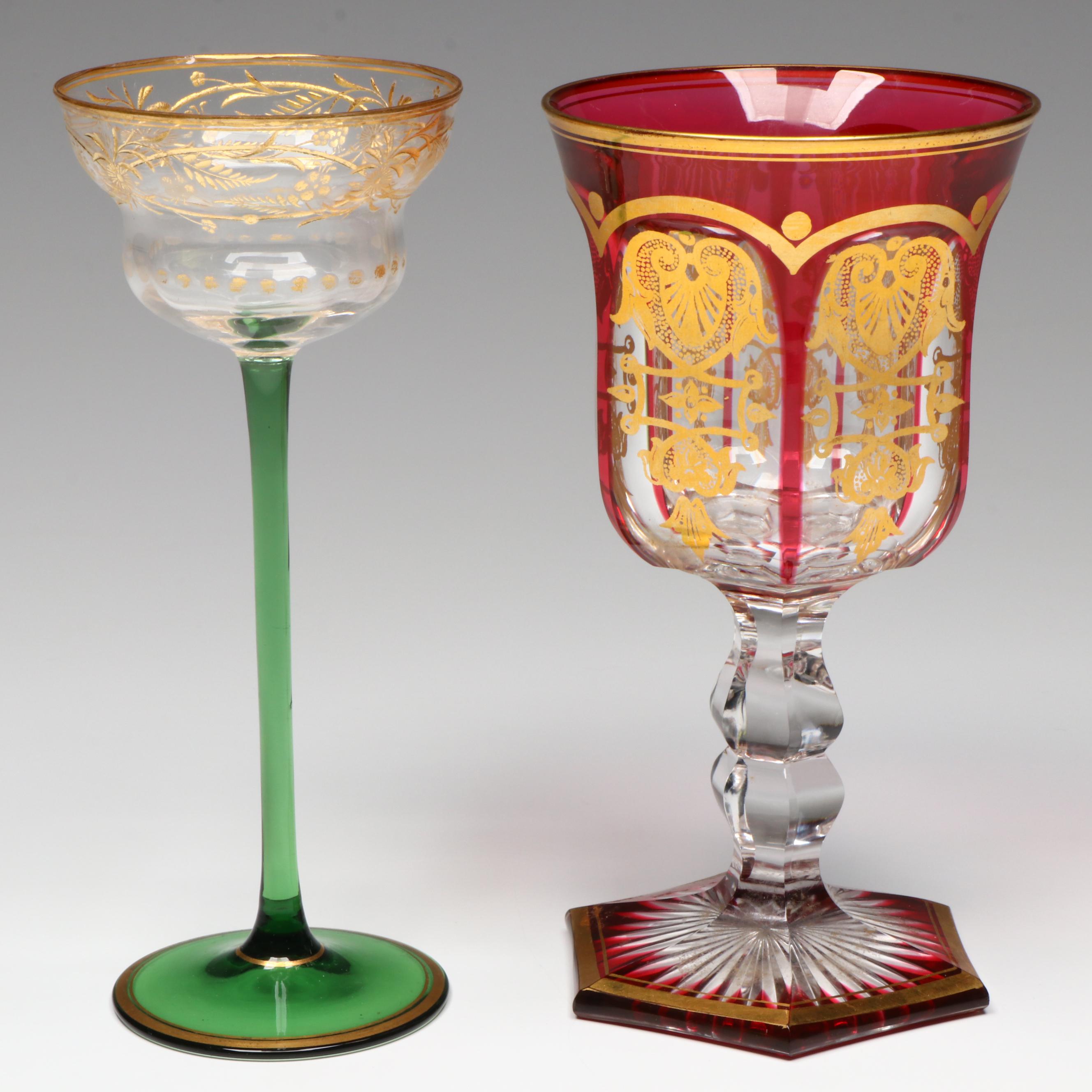 Art Nouveau Style Gold Gilt Glass Water Goblet and Liquor Cocktail Glass
