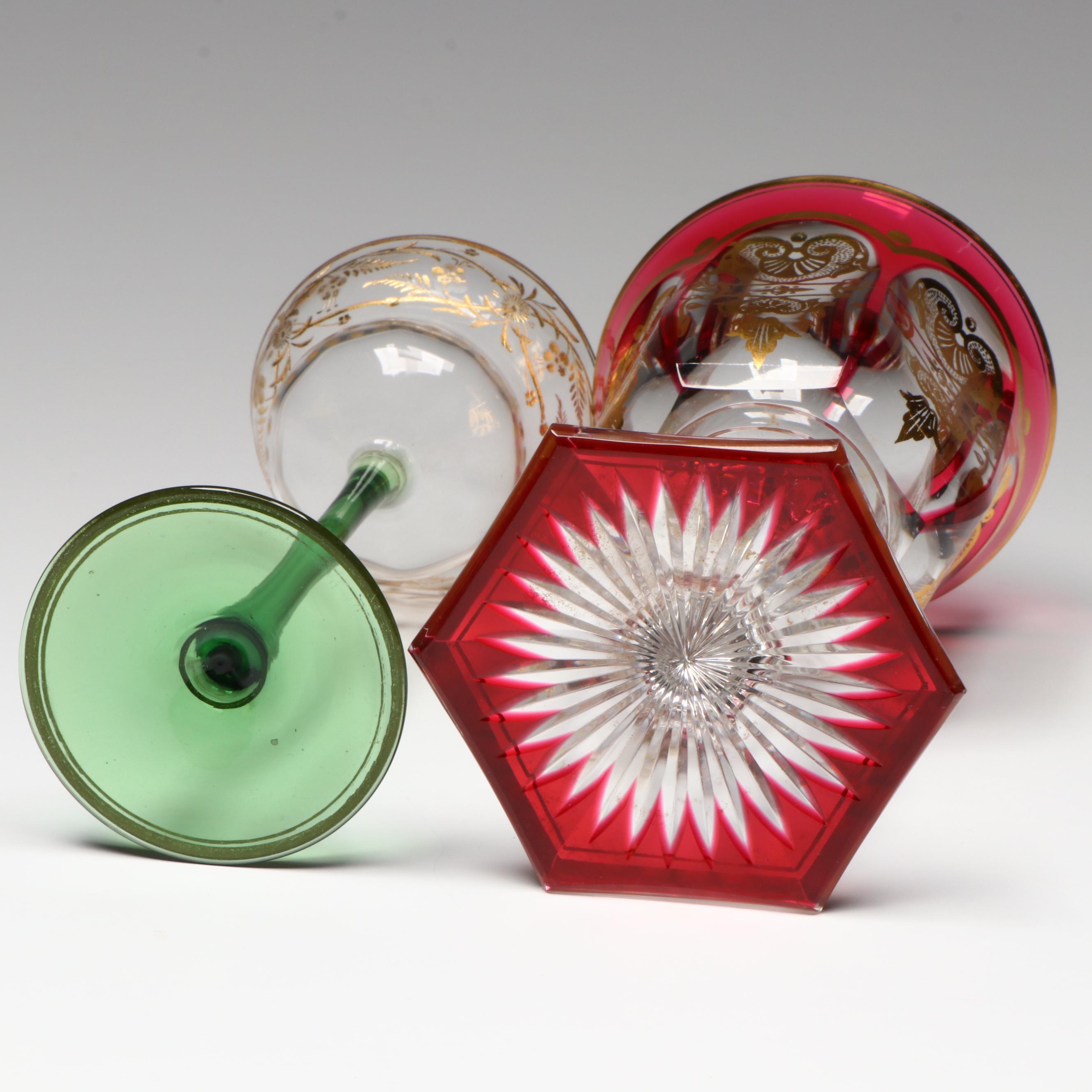 Art Nouveau Style Gold Gilt Glass Water Goblet and Liquor Cocktail Glass