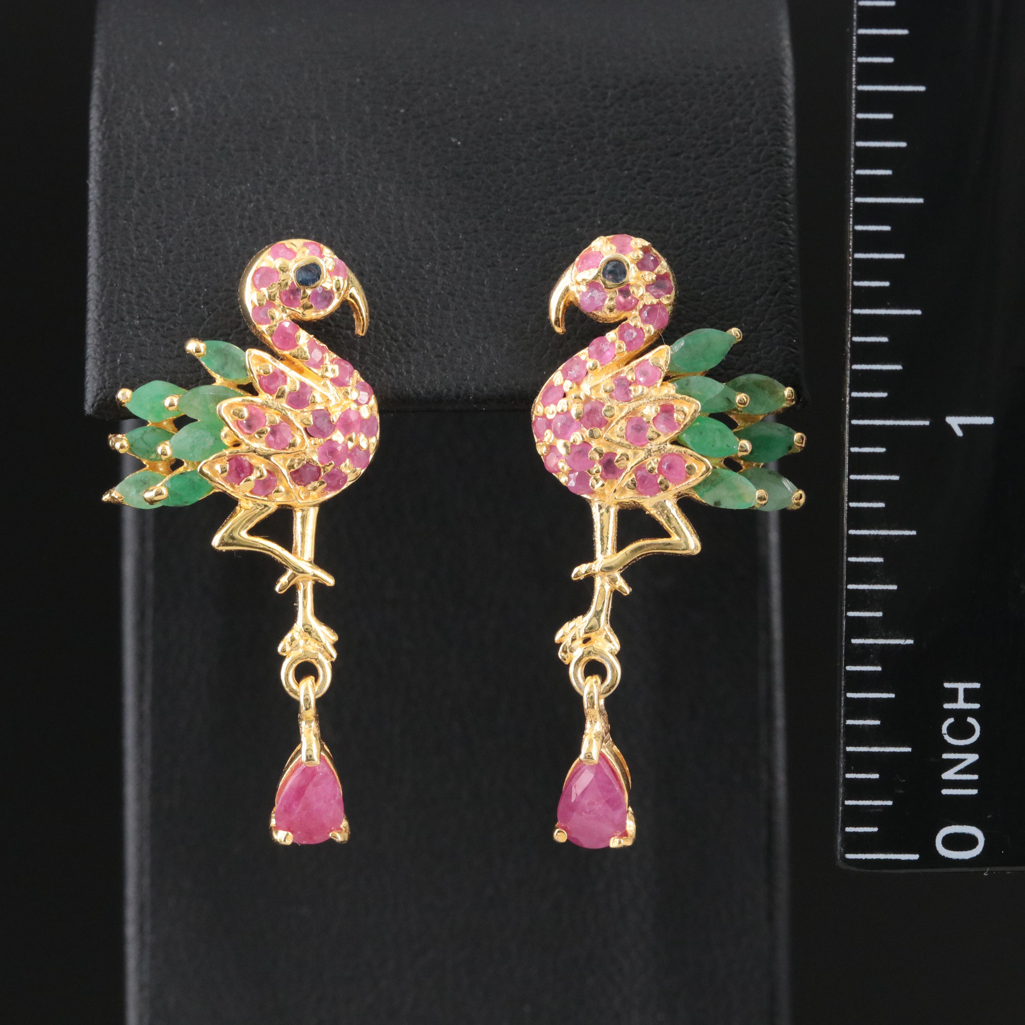 Sterling Emerald, Ruby and Sapphire Flamingo Earrings