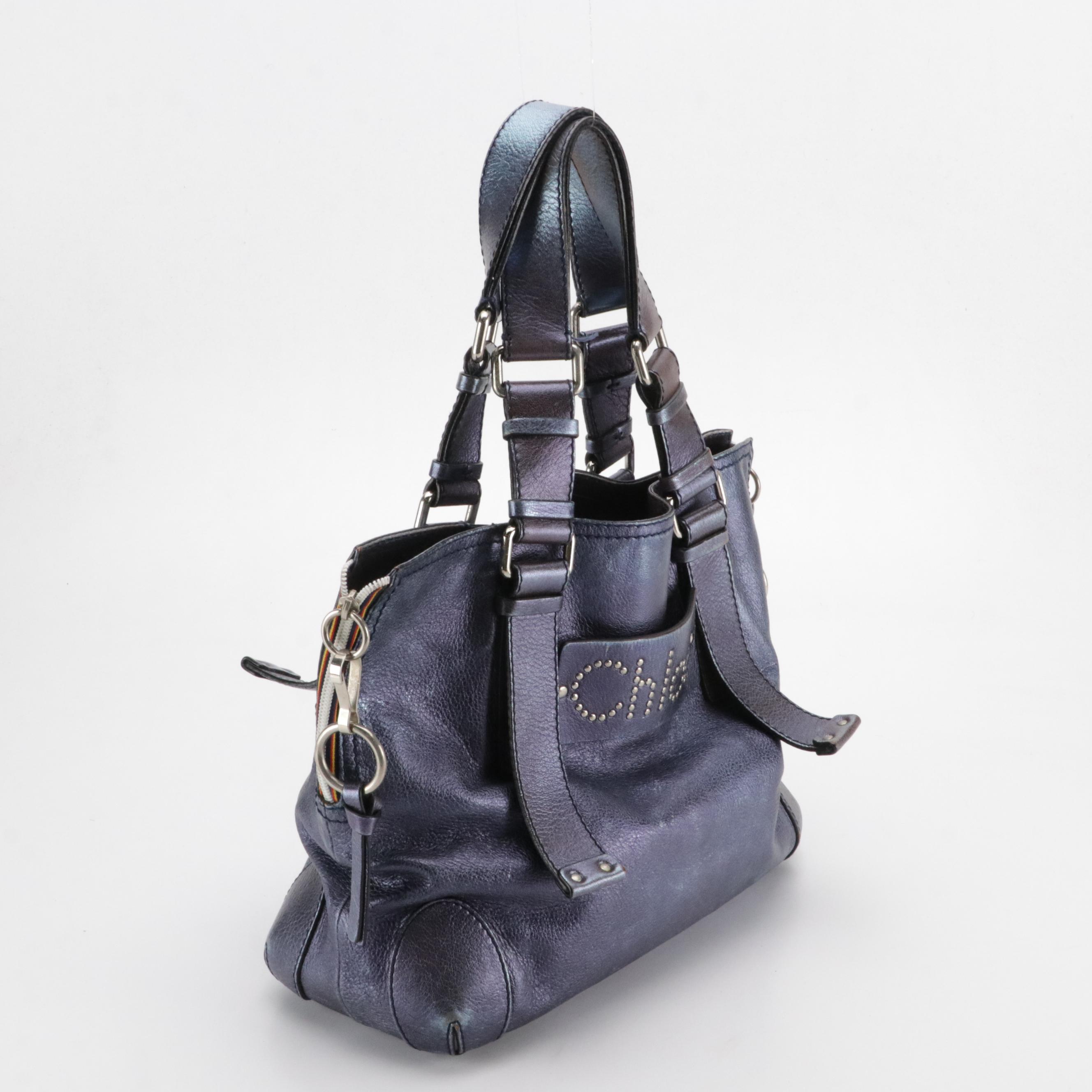 Chloé Studded Patsy Shoulder Bag in Metallic Blue Calfskin Leather