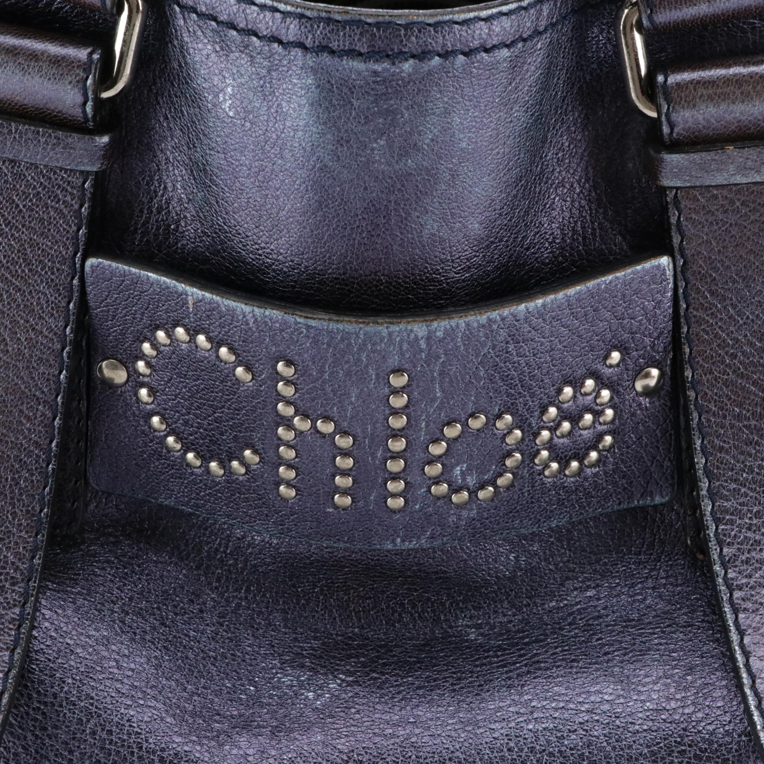 Chloé Studded Patsy Shoulder Bag in Metallic Blue Calfskin Leather