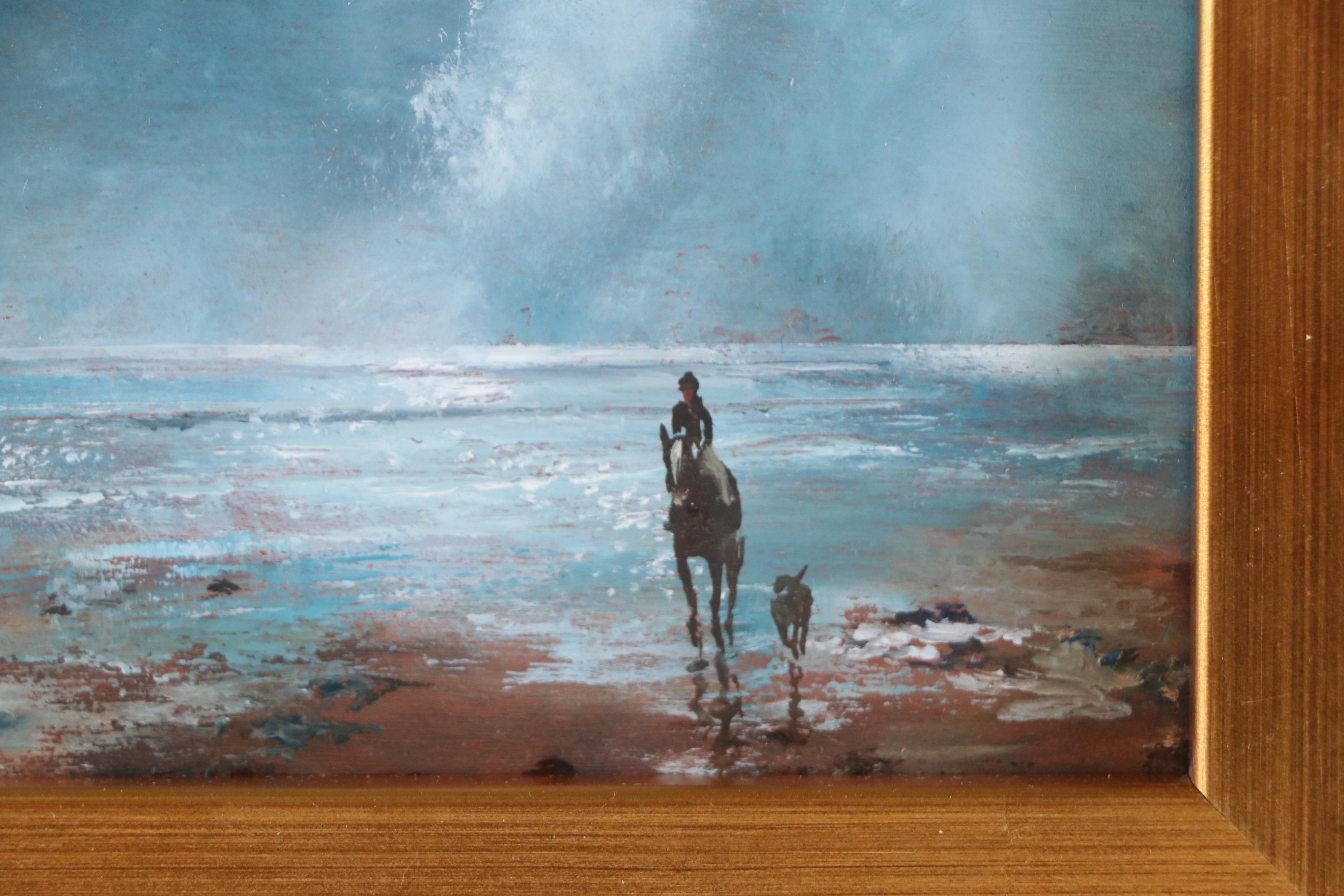 Coastal Oil Painting of Shoreline with Horse, Rider and Dog, 21st Century