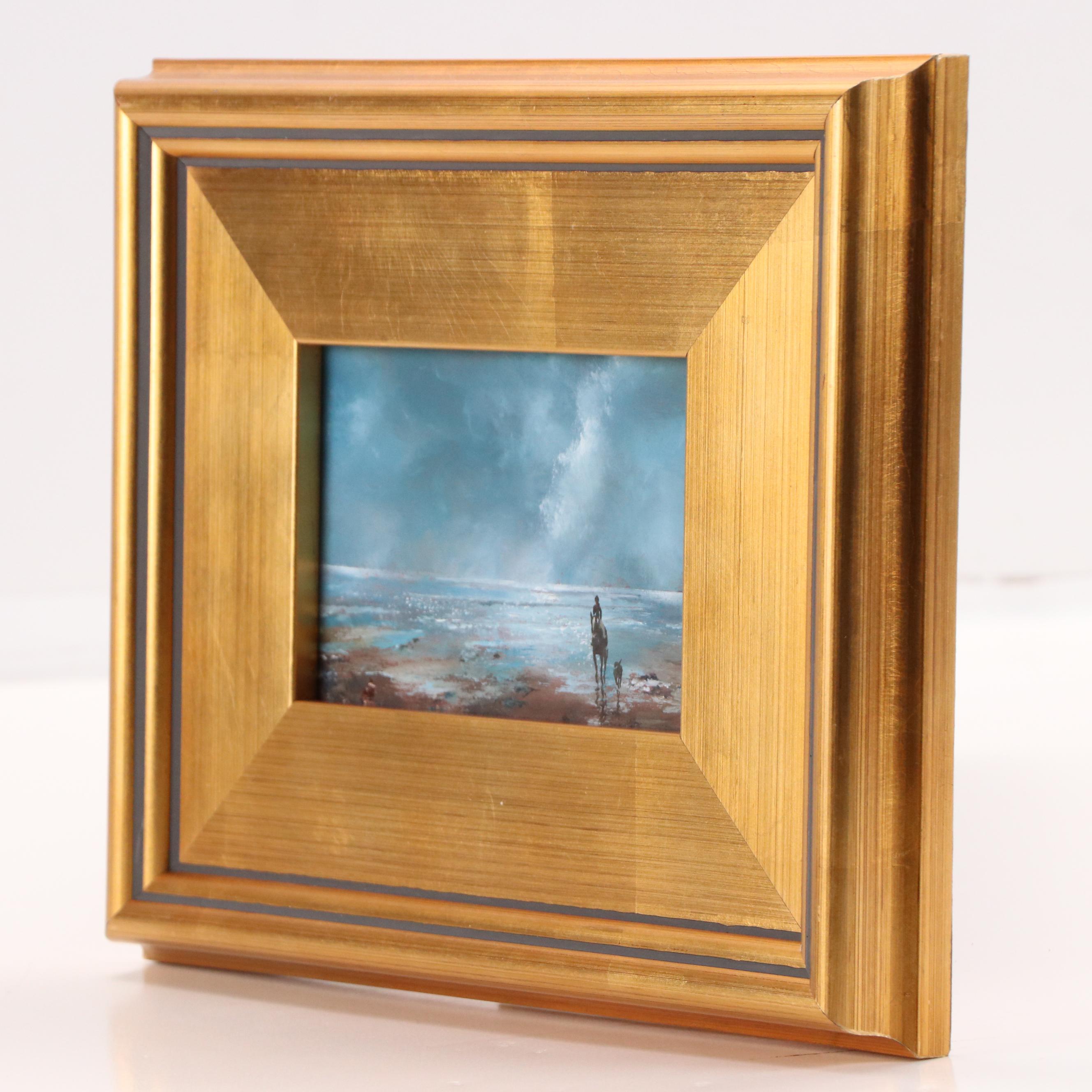 Coastal Oil Painting of Shoreline with Horse, Rider and Dog, 21st Century