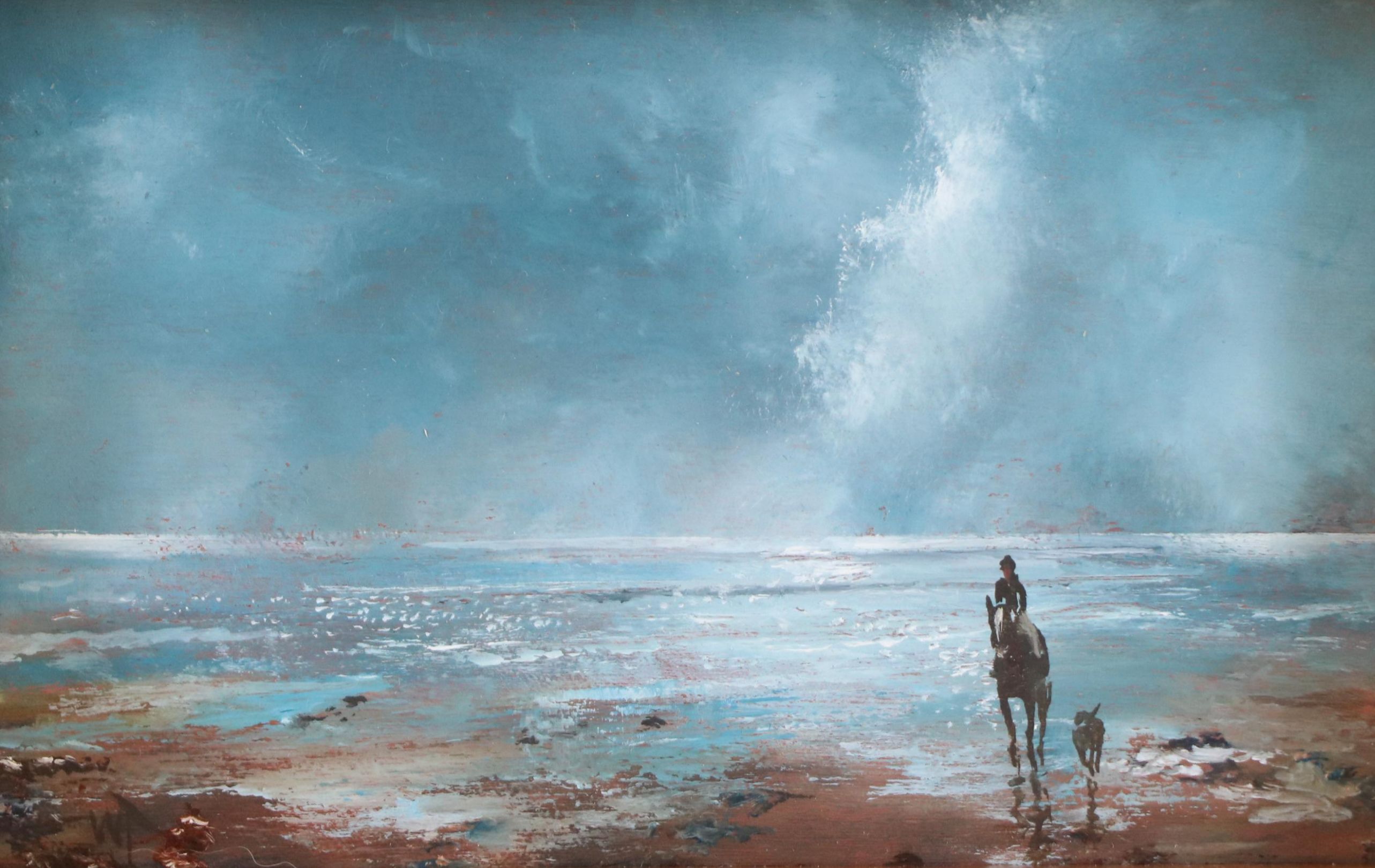 Coastal Oil Painting of Shoreline with Horse, Rider and Dog, 21st Century