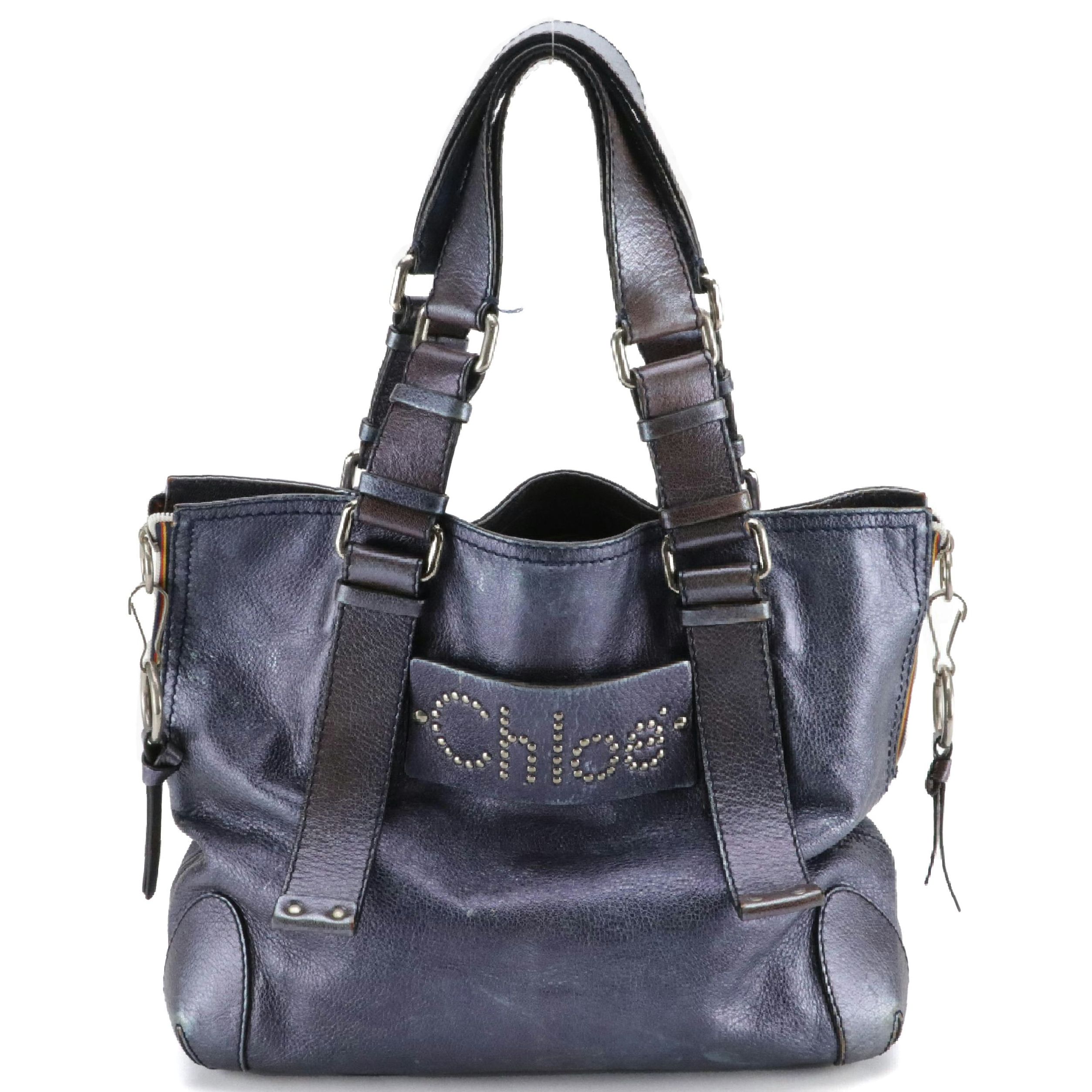 Chloé Studded Patsy Shoulder Bag in Metallic Blue Calfskin Leather