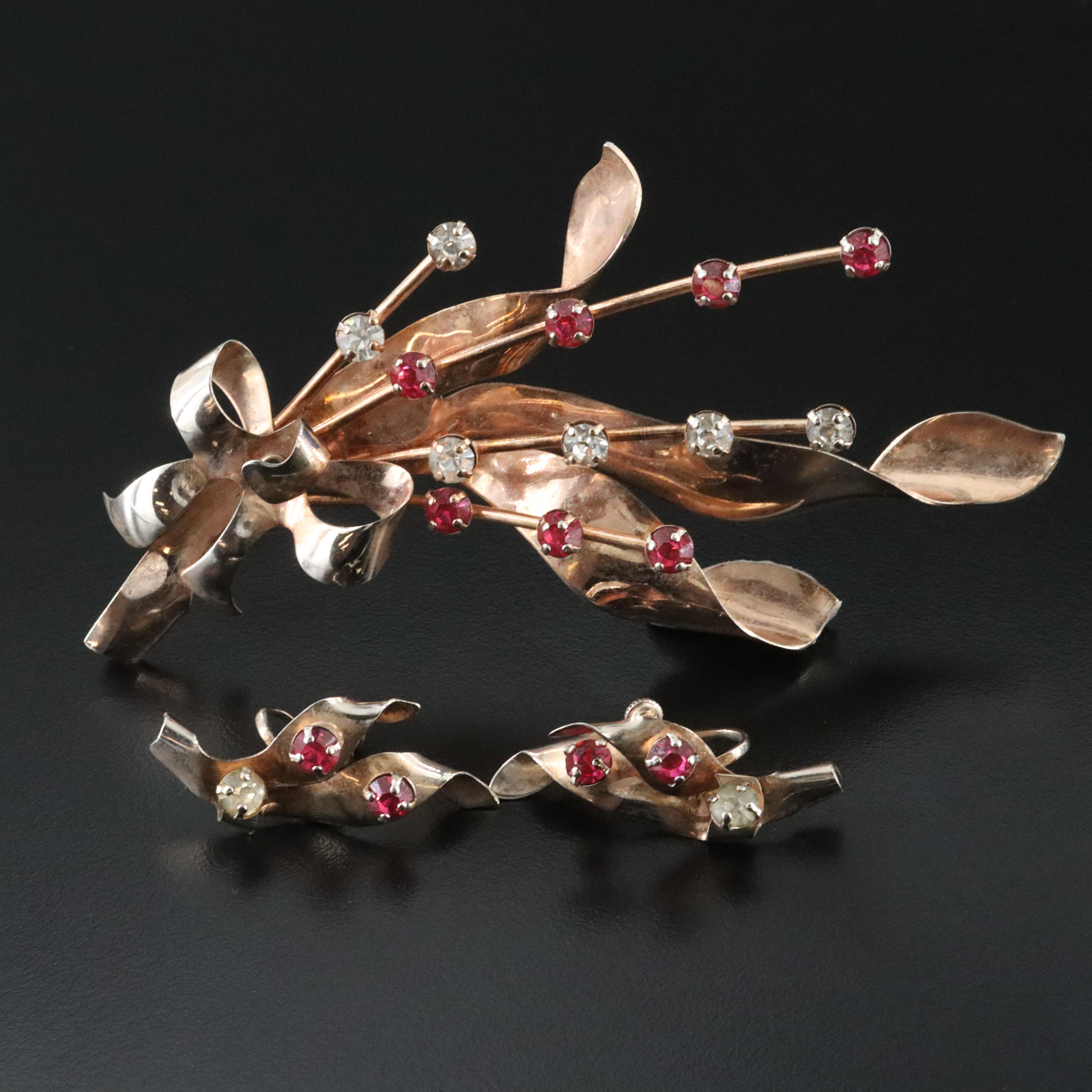 Vintage Sterling Rhinestone Ribbon Brooch and Earrings Set