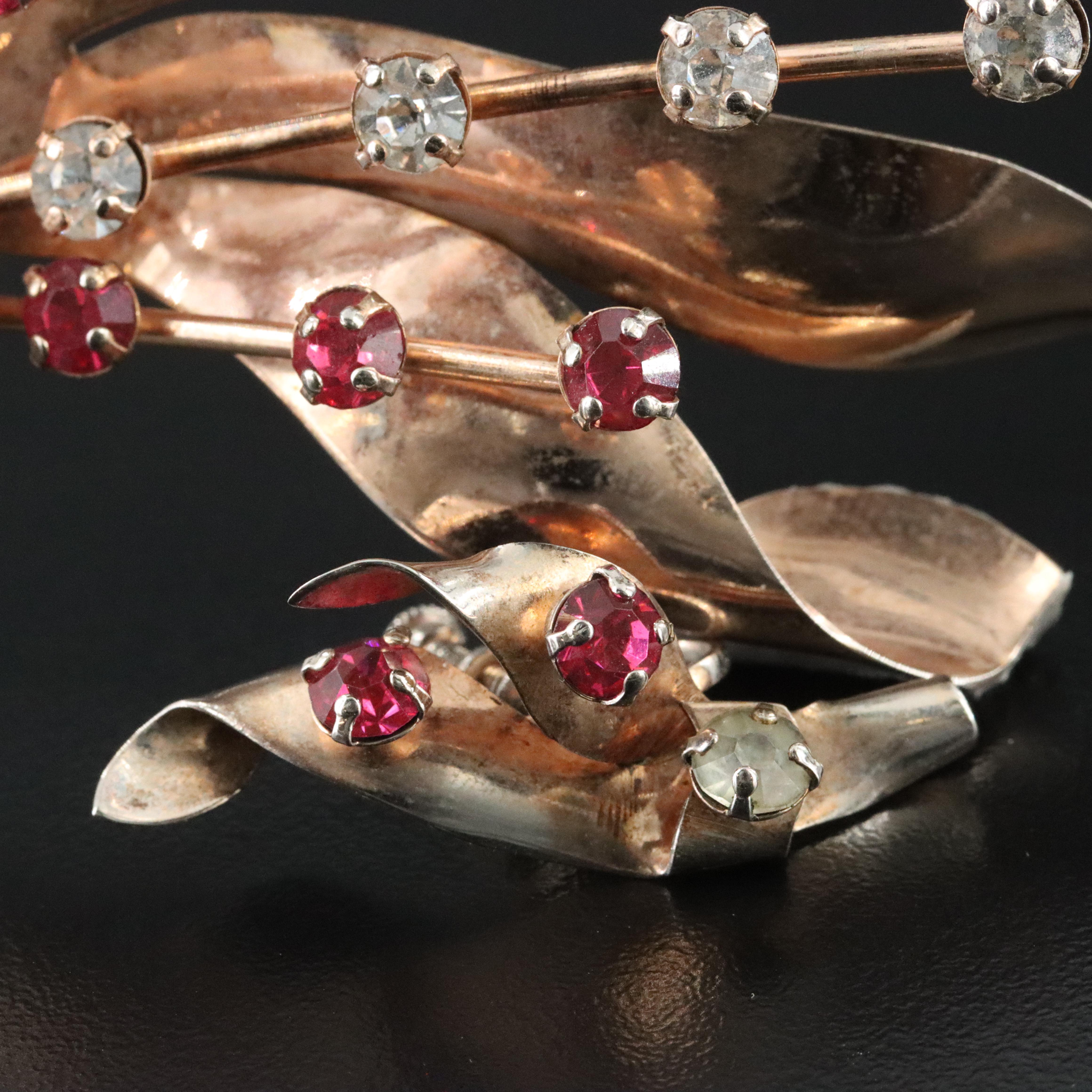 Vintage Sterling Rhinestone Ribbon Brooch and Earrings Set