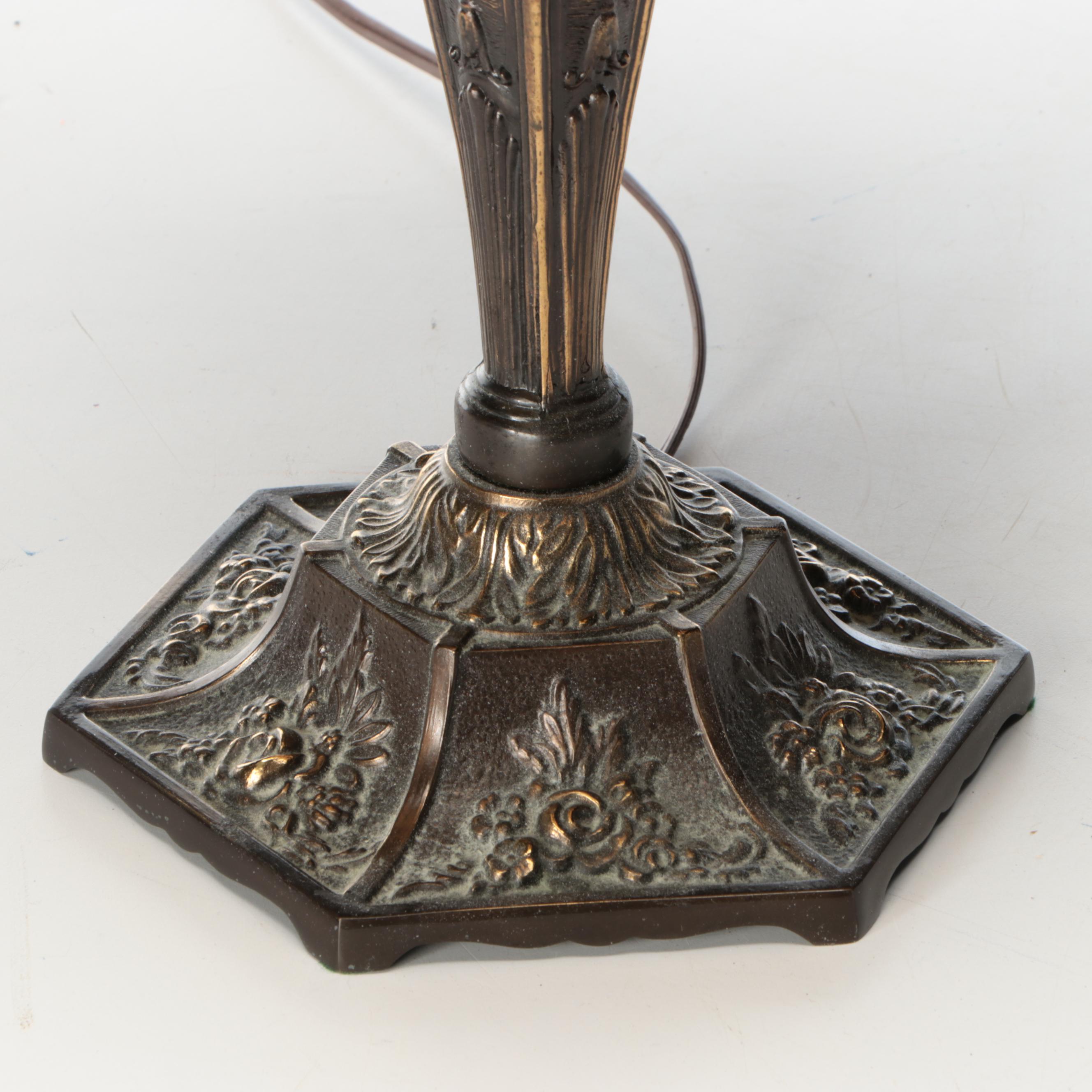 Art Nouveau Slag Glass Shade Bronze Finish Torch Table Lamp